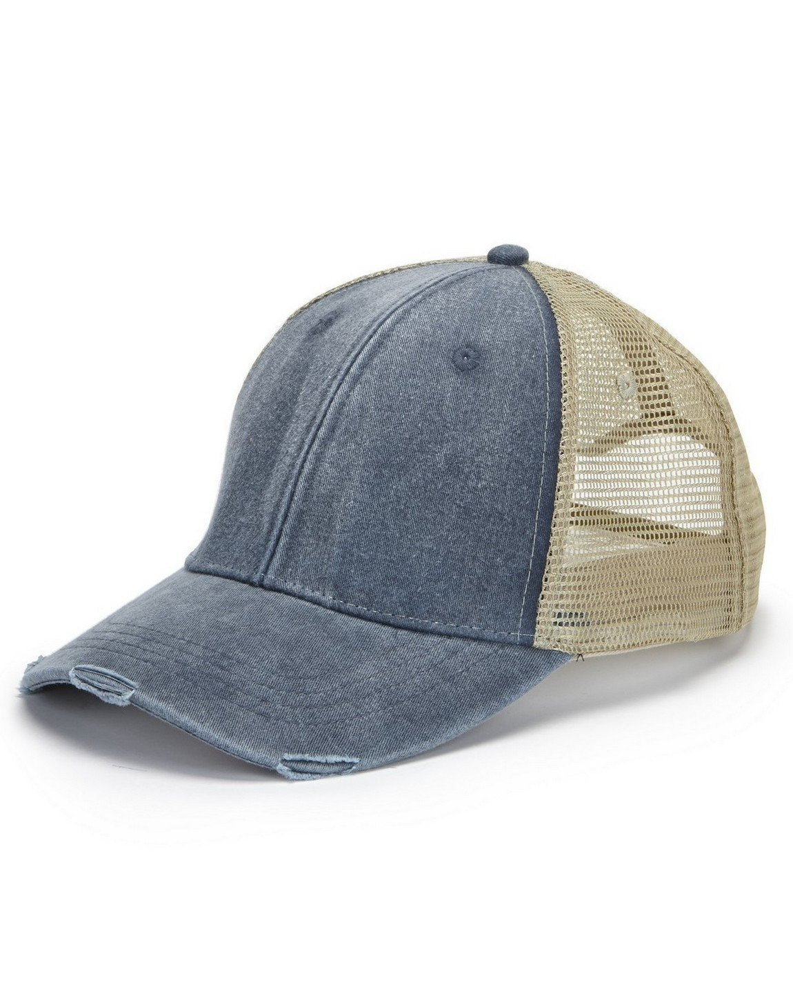 OL102 | OLLIE- Pigment dyed, garment washed, cotton, twill, six panel, structured, mid-crown trucker cap with nylon mesh back panels, distressed visor and snap back. - NAVY / TAN