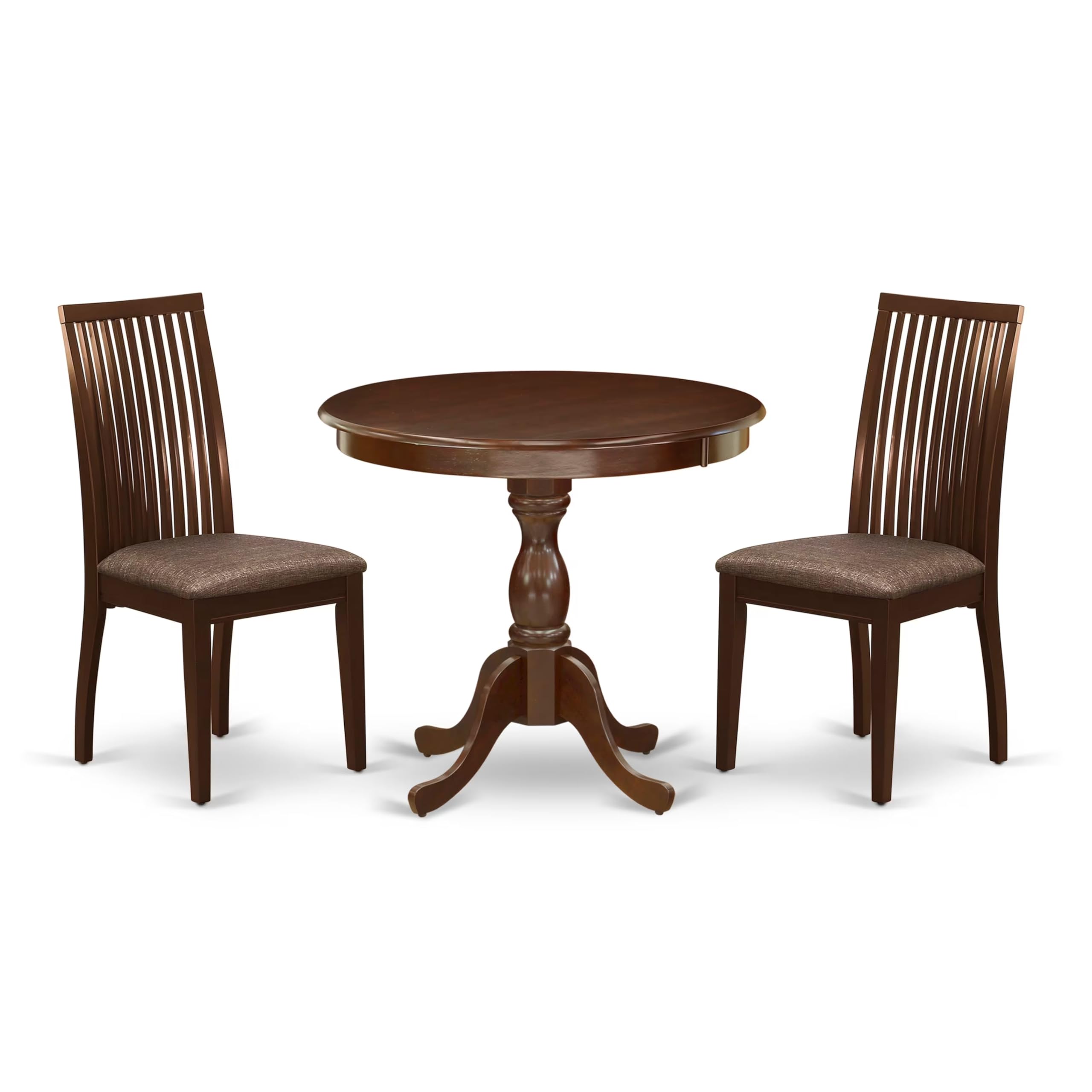 East West Furniture AMIP3-MAH-C 3 Piece Modern Dining Table Set Contains 1 Modern Kitchen Table and 2 Mahogany Linen Fabric Kitchen Chair with Slatted Back - Mahogany Finish