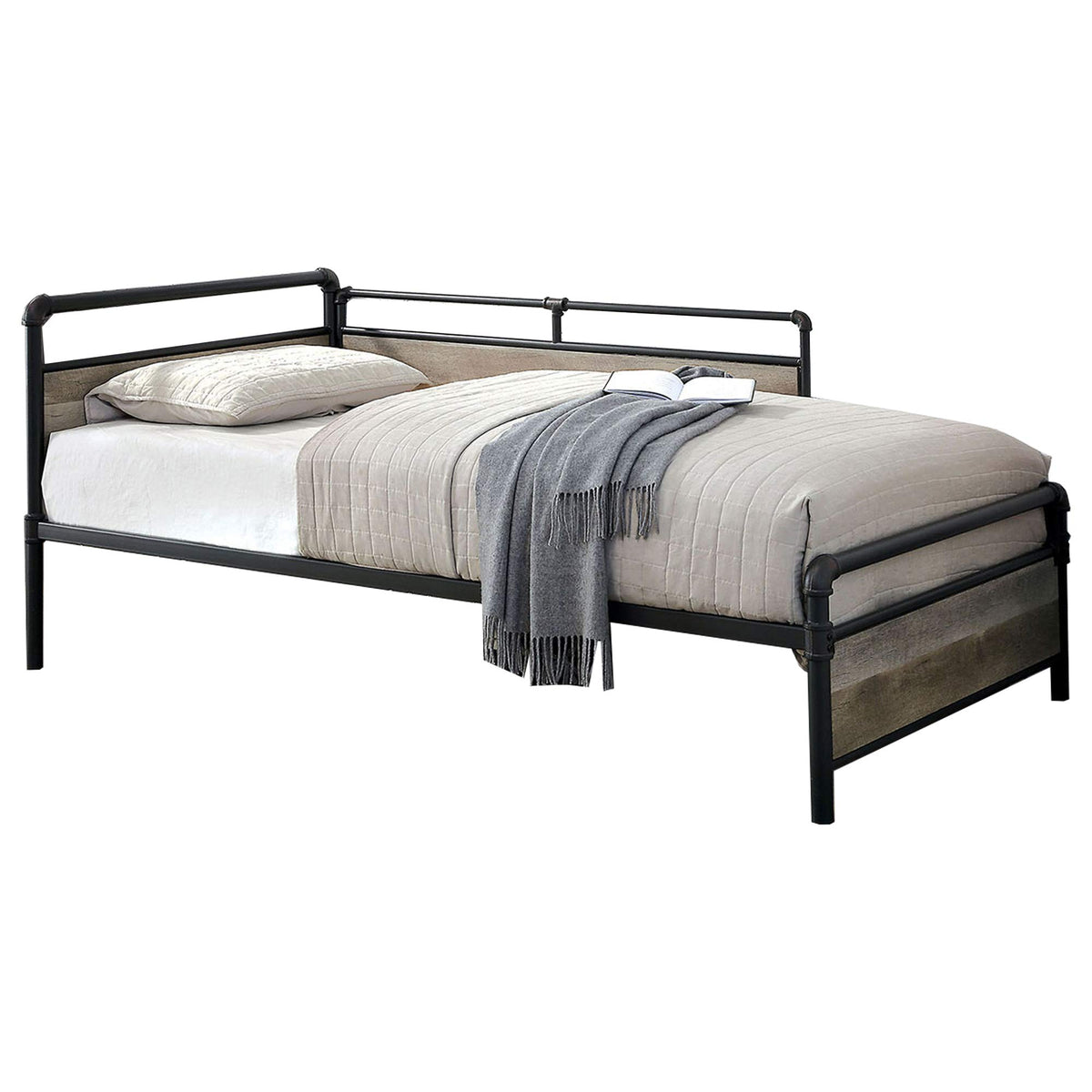 Benjara Industrial Pipe Design Metal Daybed With Wooden Panels, Black
