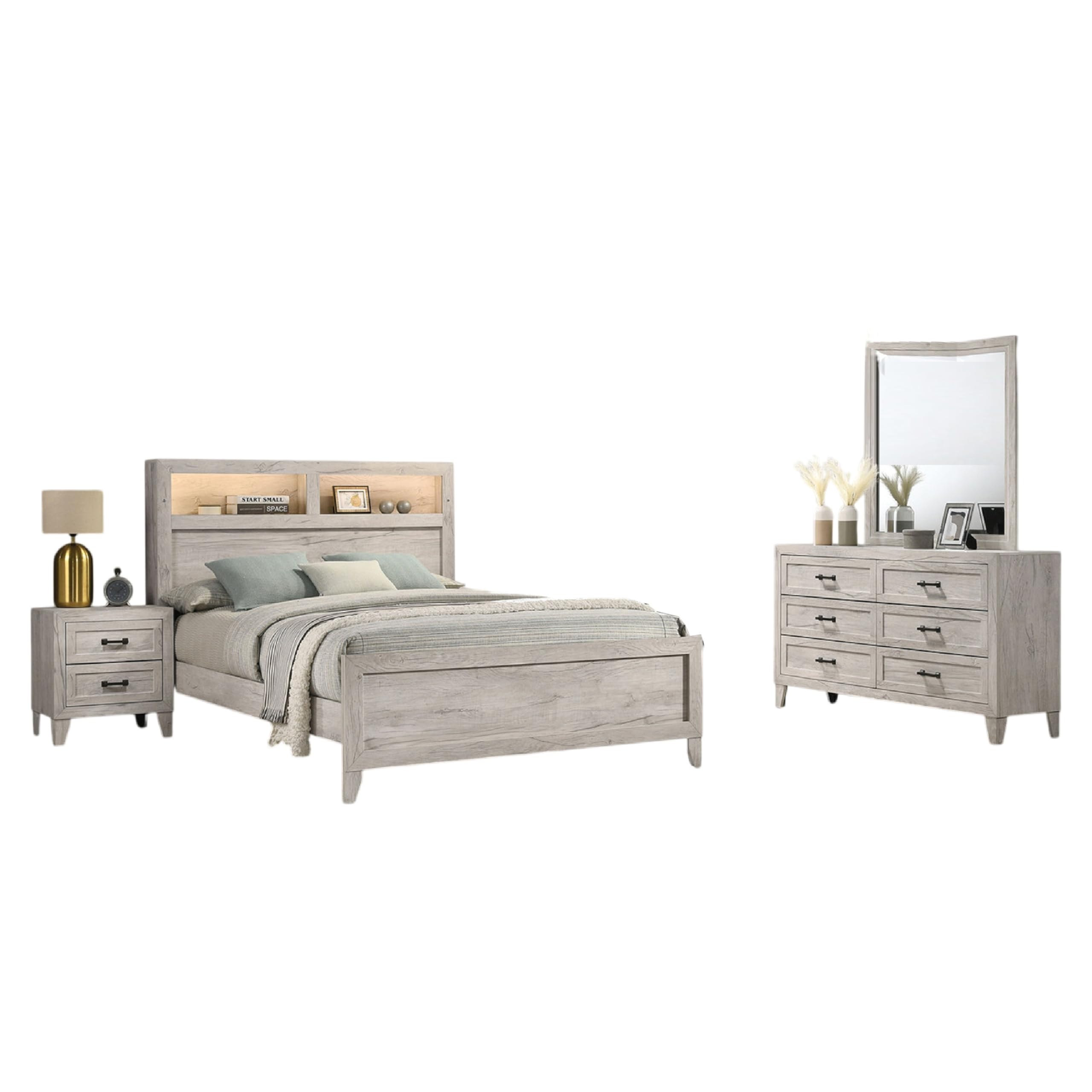 Miot 4pc Queen Bedroom Set, Headboard Shelves w Light, Whitewash