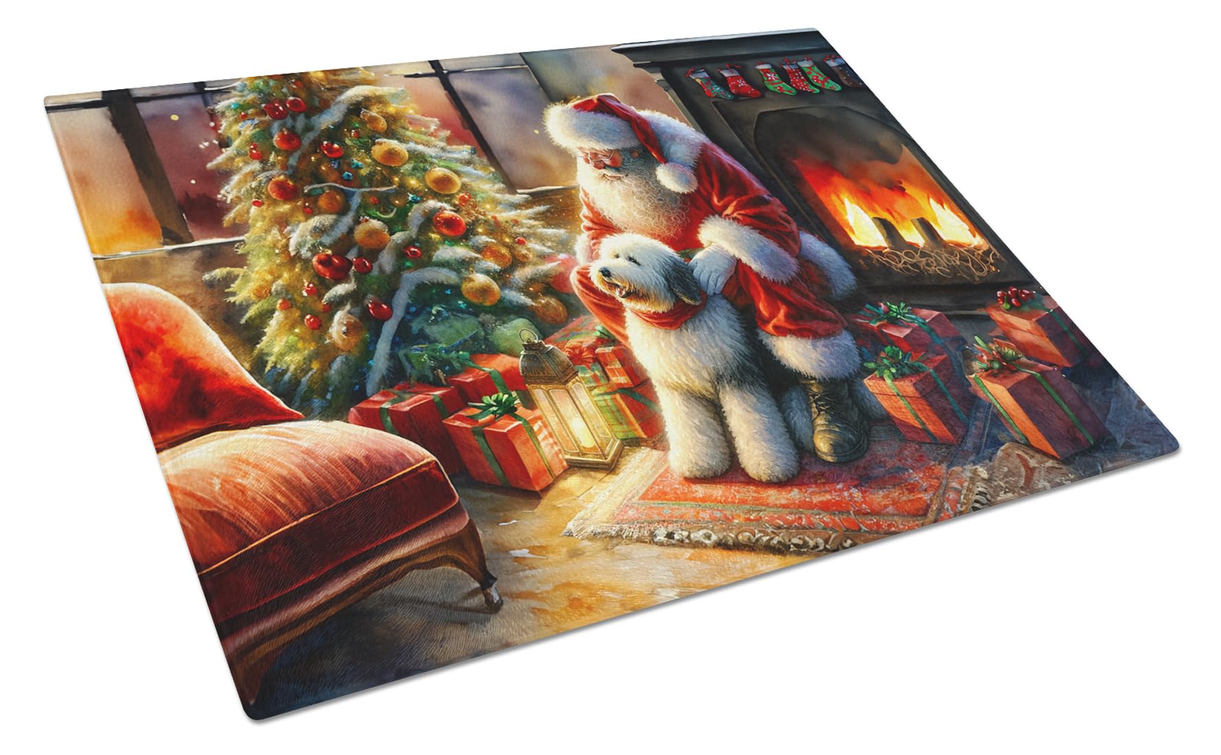 Carolines Treasures DAC4146LCB Old English Sheepdog and Santa Claus Glass Cutting Board Decorative Tempered Glass Kitchen Cutting and Serving Board Large Size Chopping Board
