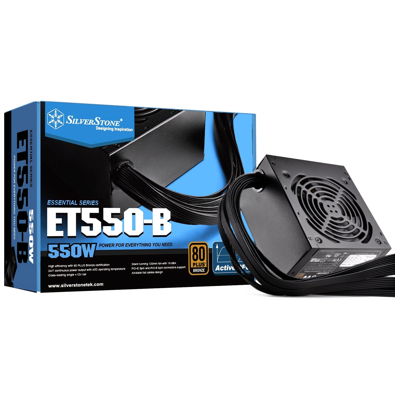 550W,ATX form factor, single +12V rails with 42A output, Silent 120mmFan with 18dBA minimum, efficiency 80Plus Bronze certification, all flat fixed cables, 2x8/6pin PCI-E
