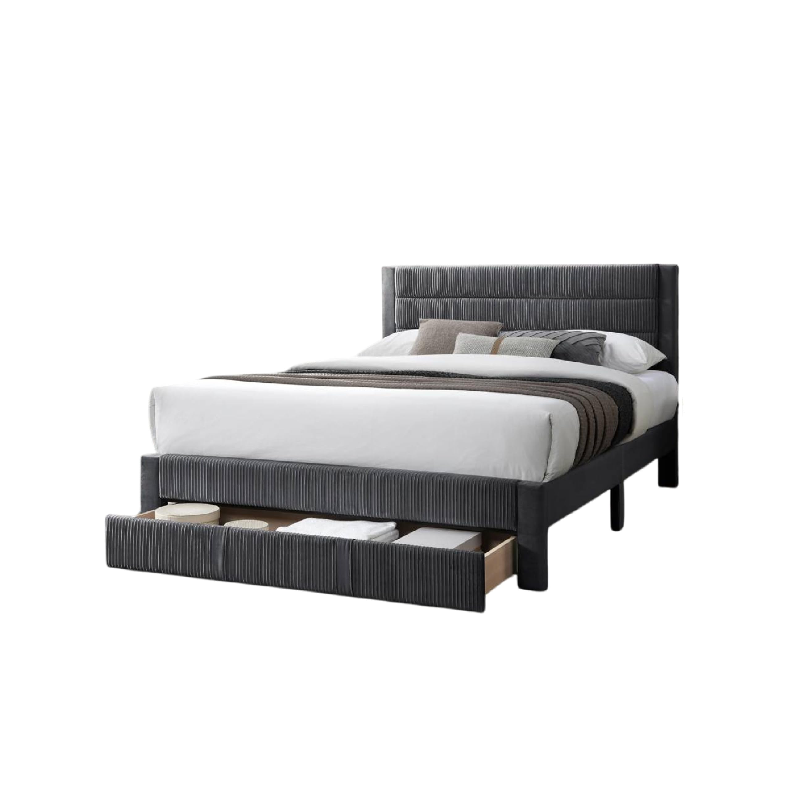 Heo Queen Size Bed w Storage Drawer, Dark Gray Corduroy Upholstery