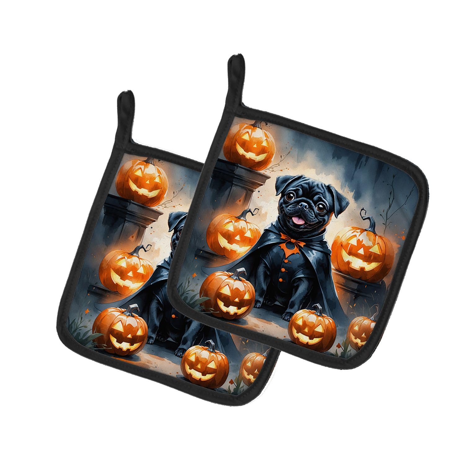Carolines Treasures Black Pug Puppy Halloween Pair of Pot Holders Kitchen Heat Resistant Pot Holders Sets Oven Hot Pads for Cooking Baking BBQ, 7 1/2 x 7 1/2