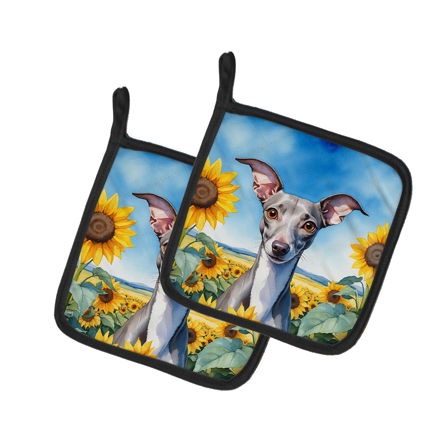 Italian Greyhound in Sunflowers Pair of Pot Holders