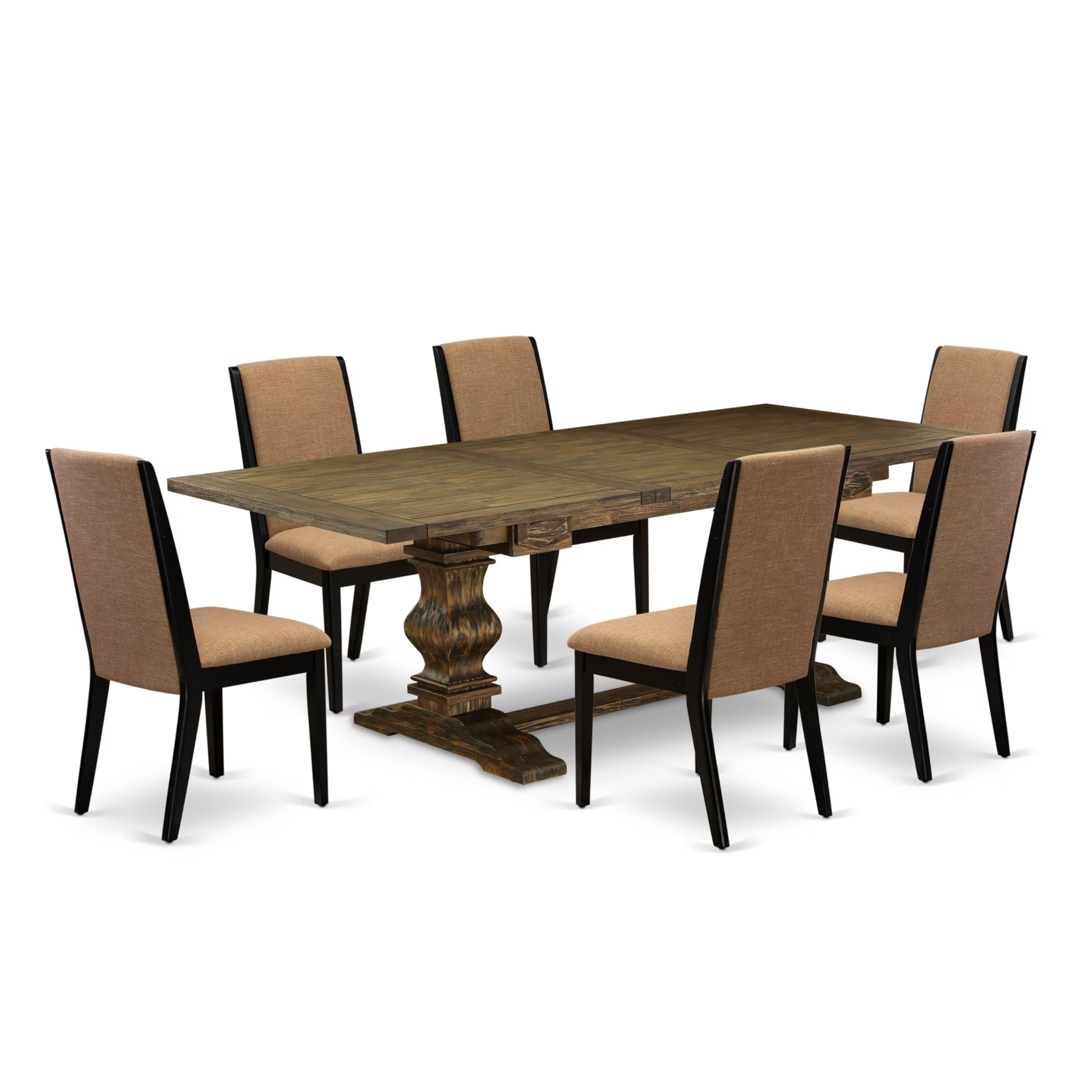 7-pc wood dining table set with Chairs Legs and Light Sable Linen Fabric