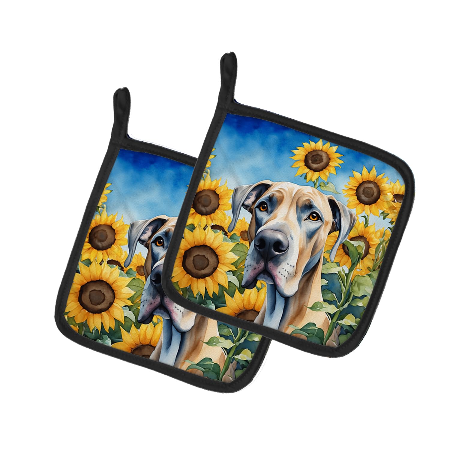 Great Dane in Sunflowers Pair of Pot Holders