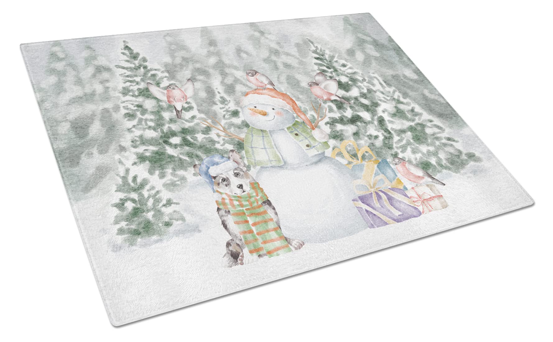 Carolines Treasures CK8033LCB Corgi Blue Merle Snowman and Christmas Presents Glass Cutting Board Large Decorative Tempered Glass Kitchen Cutting and Serving Board Large Size Chopping Board