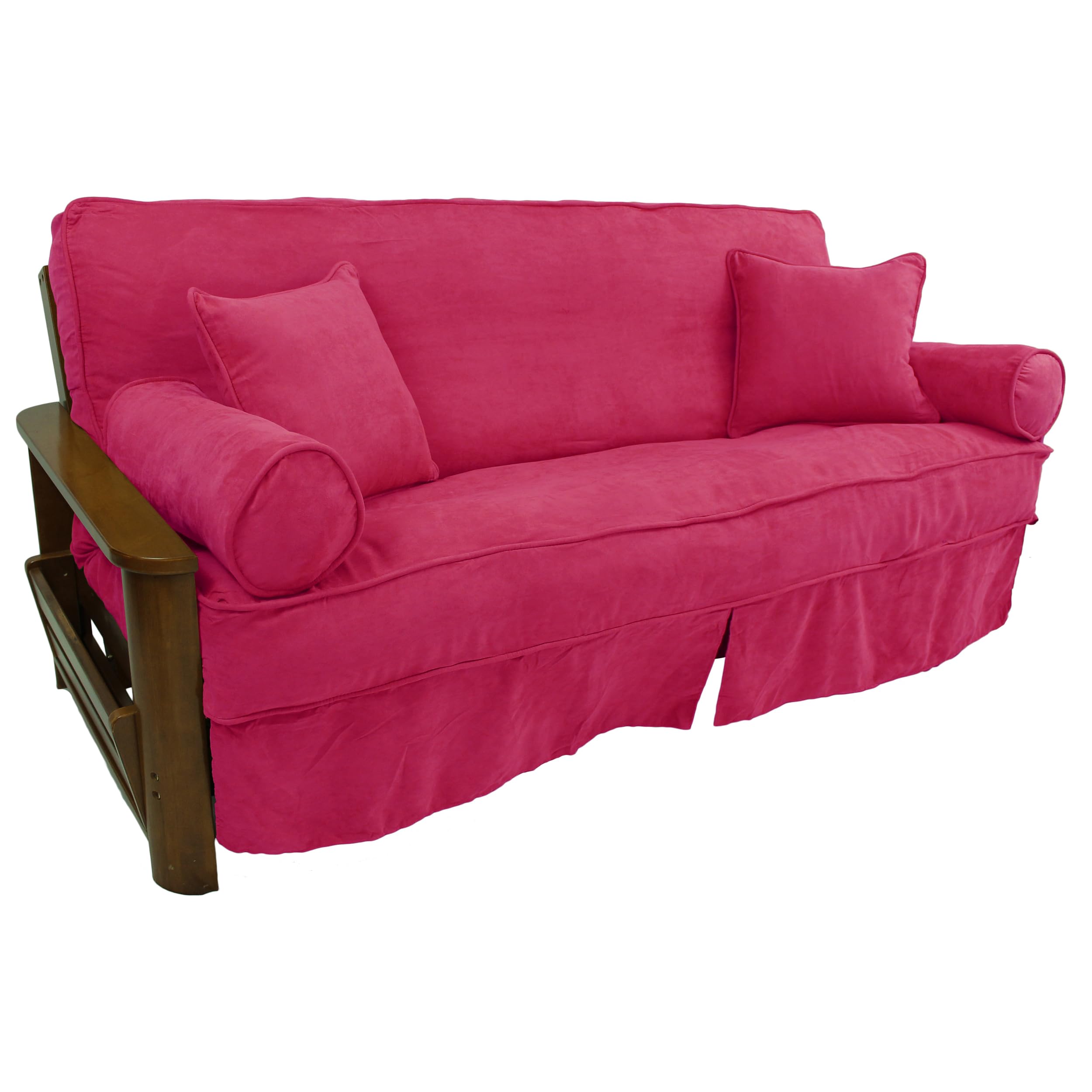 Solid Microsuede Double Corded 8 to 9-inch Full Futon Slipcover Set with Four Throw Pillows (Set of 5) - Bery Berry