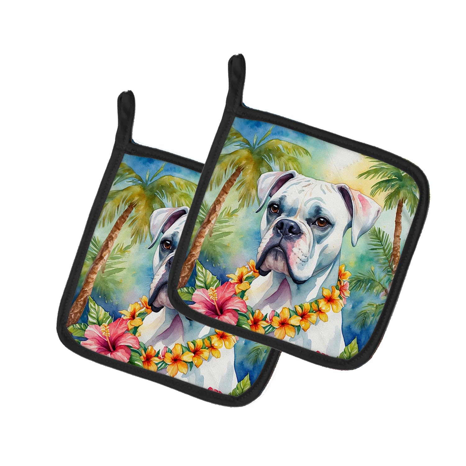White Boxer Luau Pair of Pot Holders