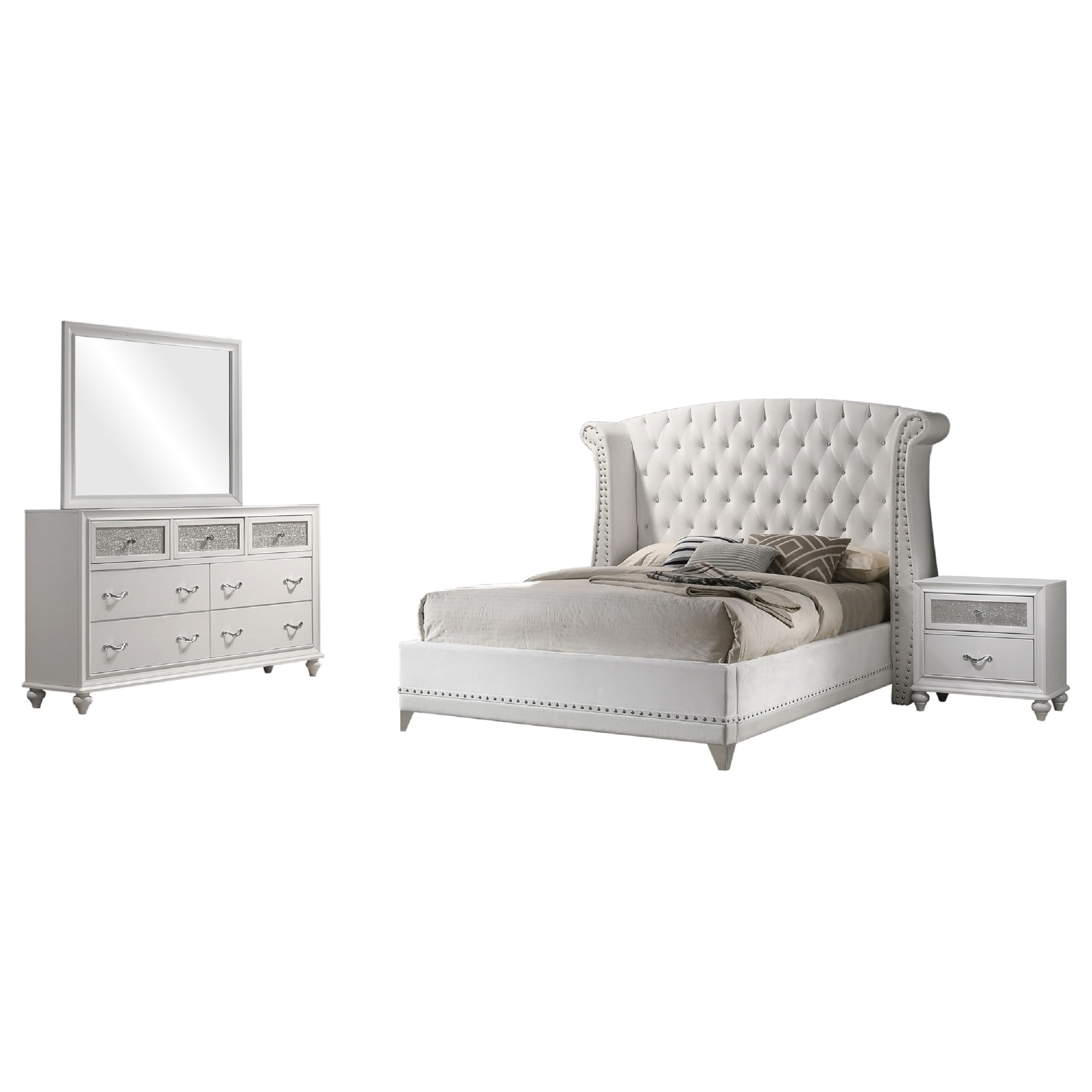 Dini 4pc Queen Bedroom Set, Tufted Wingback in White Velvet w Crystals