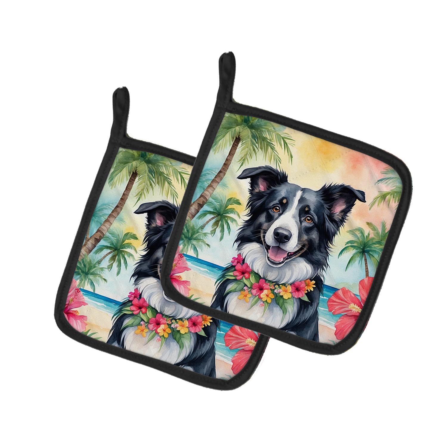 Border Collie Luau Pair of Pot Holders