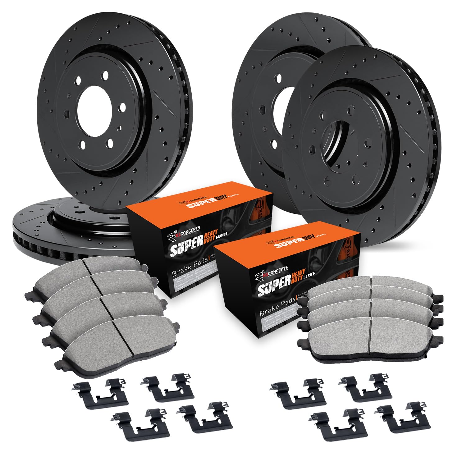 R1 Concepts Drilled and Slotted Black Disc Brake Rotor Set with Super Duty Pads and Hardware WHXH2-48024