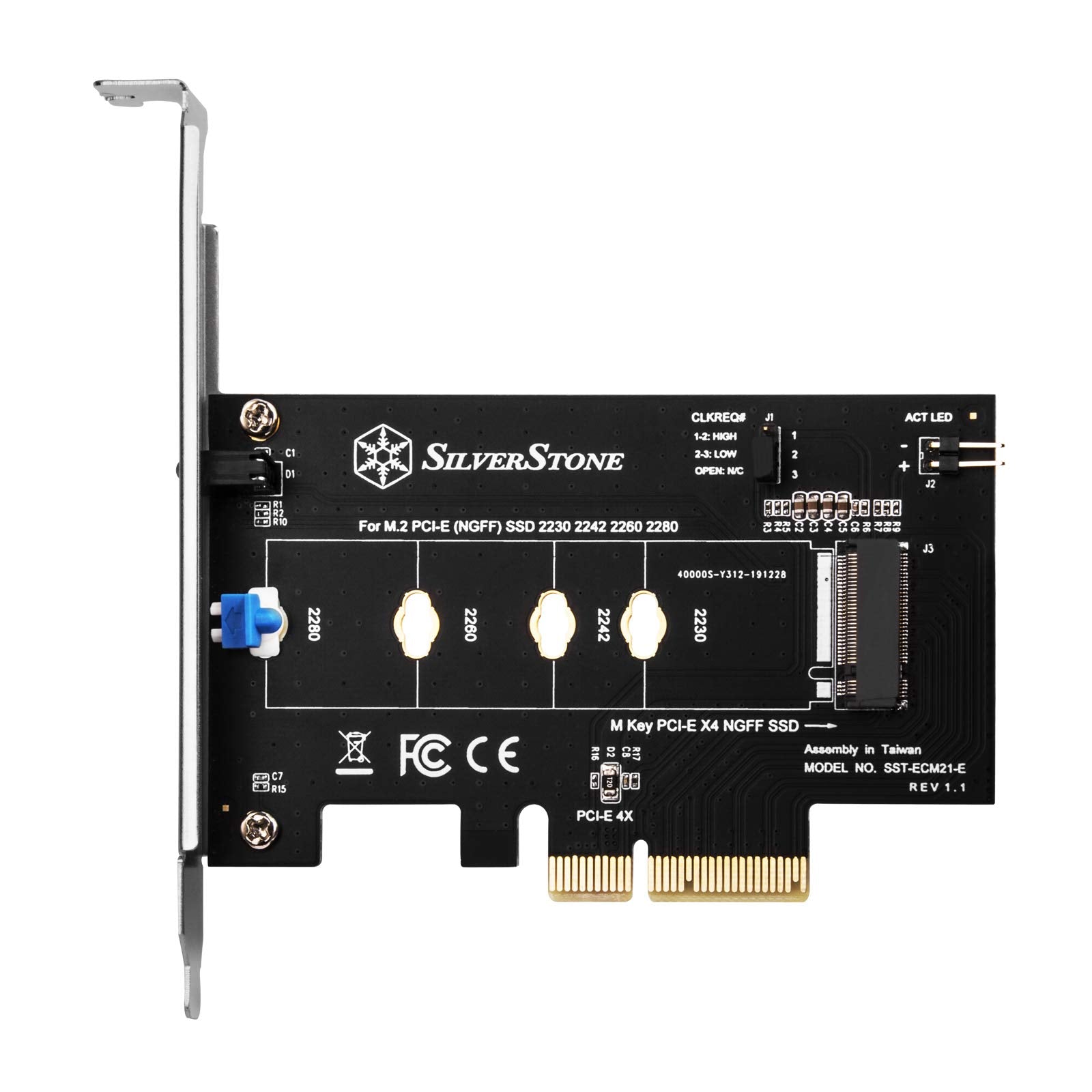 M.2 PCIe NVMe SSD adapter card with Screwless design and CLKREQ# setting support.