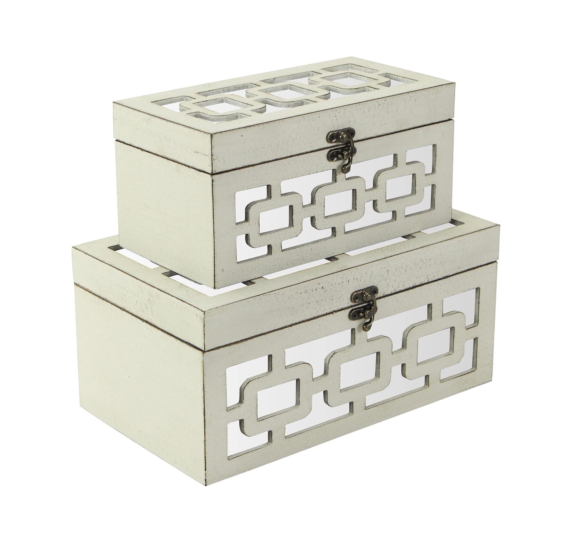 Tessera Set of 2 Distressed Mirrored Wood Boxes - Off White
