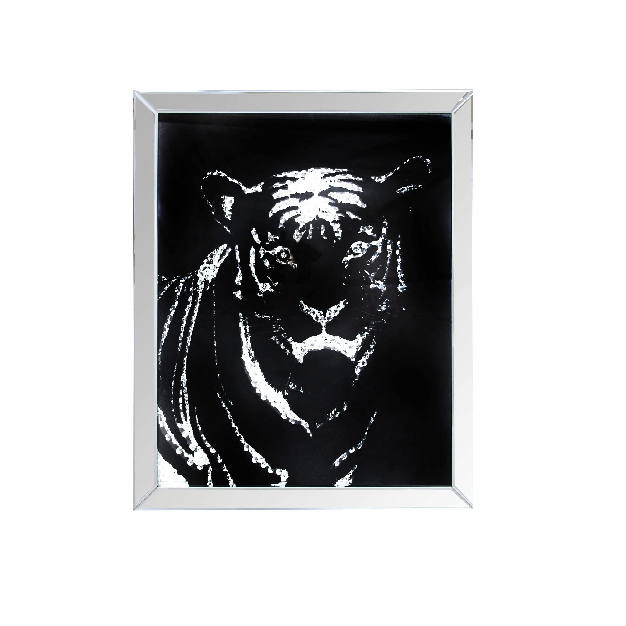 Rectangular Mirror framed Tiger Wall Decor With Crystal Inlays, Black & Silver