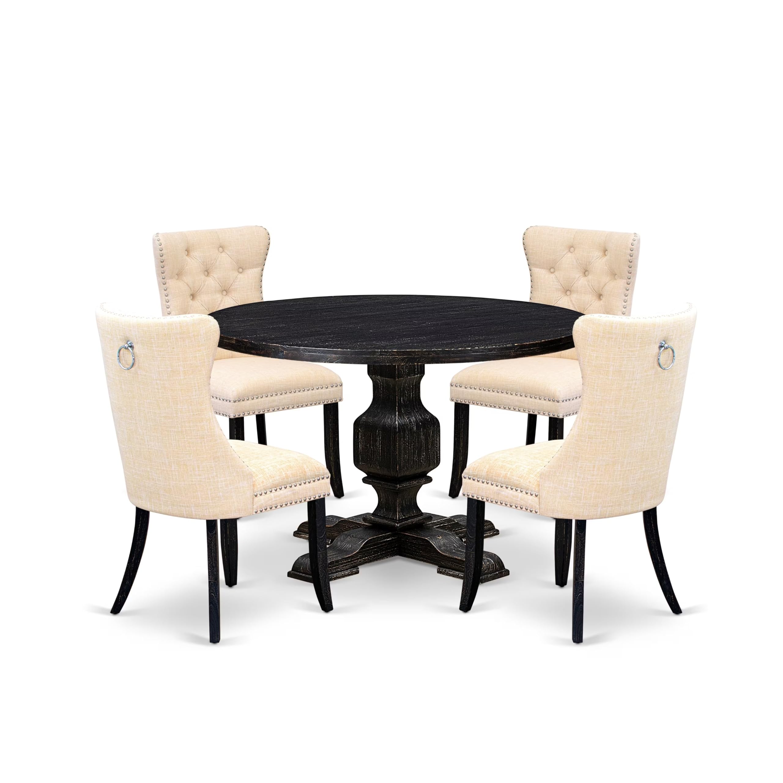 5-Pc Kitchen Table A Wood Table And 4 Light Beige Linen Fabric Dining Chairs