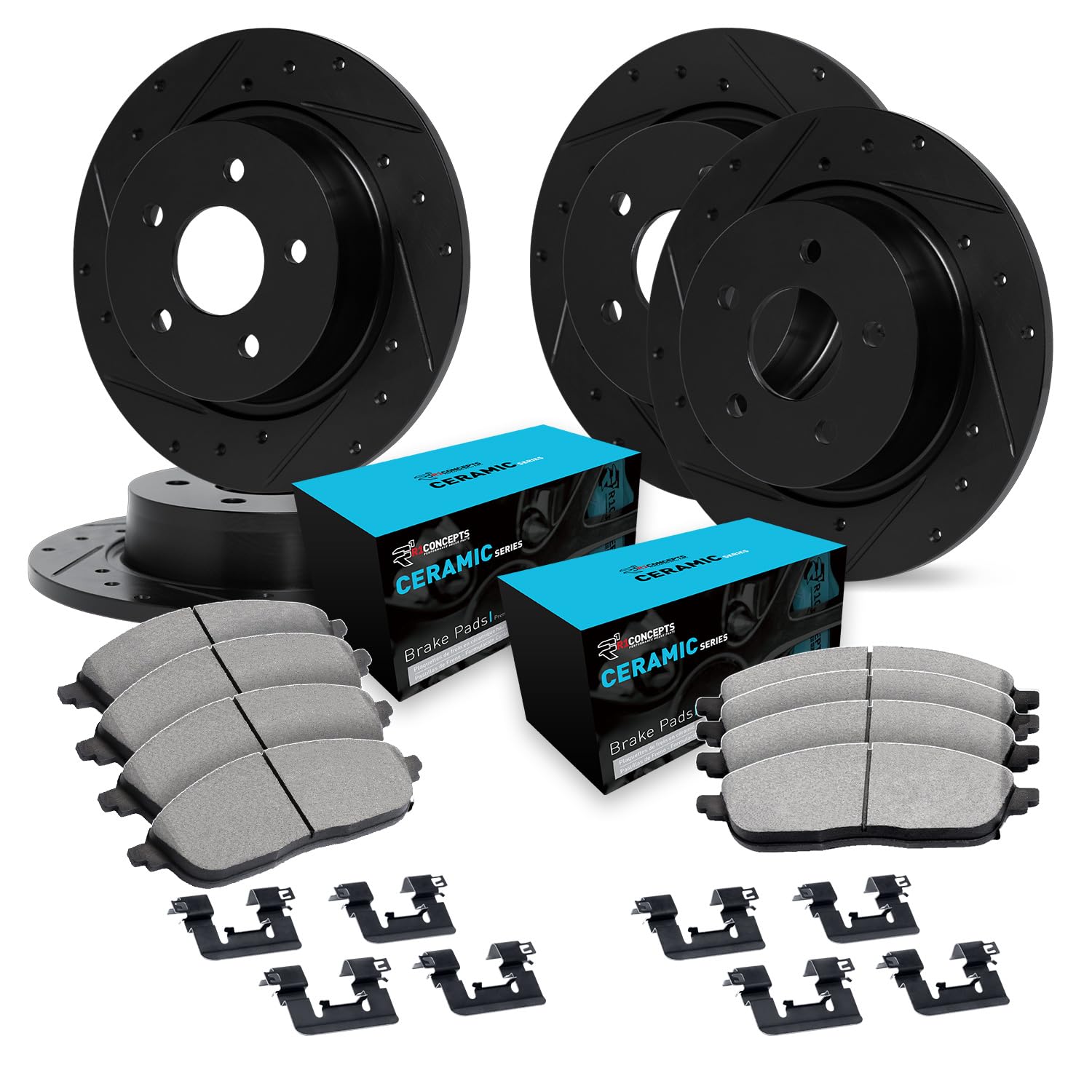 R1 Concepts Drilled and Slotted Black Disc Brake Rotor Set with Ceramic Pads and Hardware WHWH2-63005