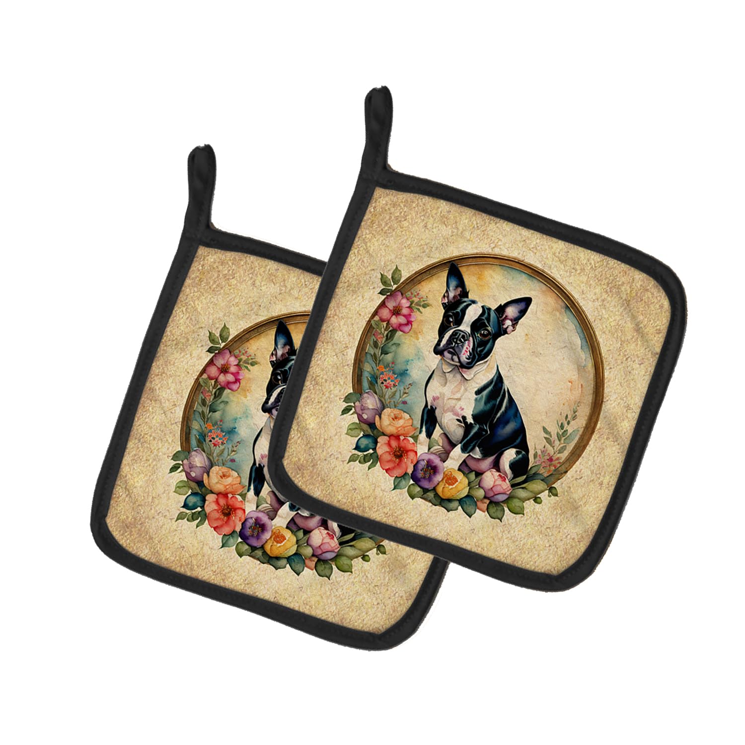 Boston Terrier and Flowers Pair of Pot Holders