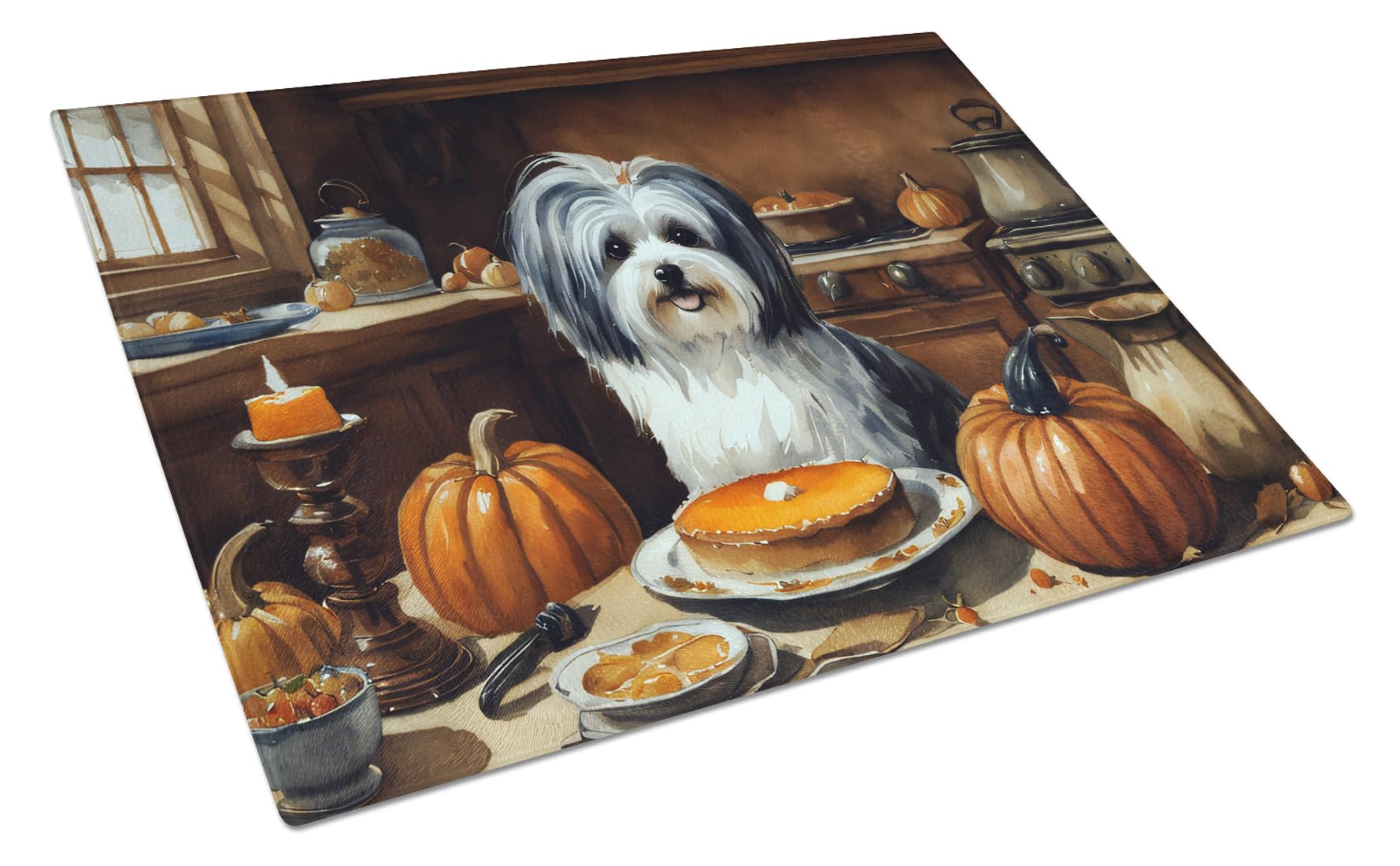 Carolines Treasures DAC1778LCB Havanese Fall Kitchen Pumpkins Glass Cutting Board Large Decorative Tempered Glass Kitchen Cutting and Serving Board Large Size Chopping Board