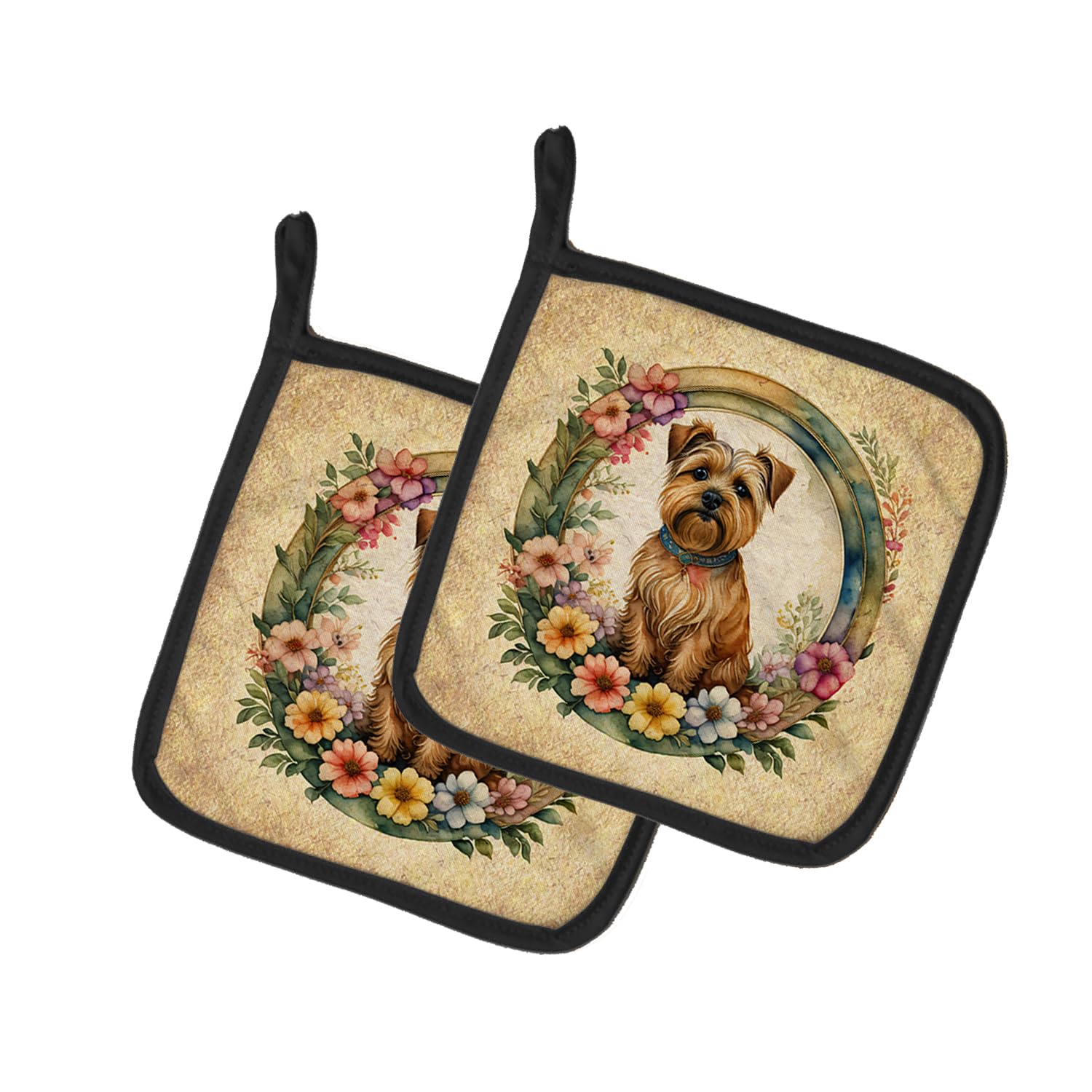 Norfolk Terrier and Flowers Pair of Pot Holders