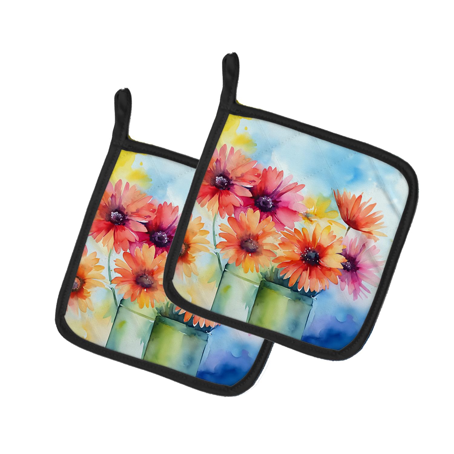 Gerbera Daisies in Watercolor Pair of Pot Holders
