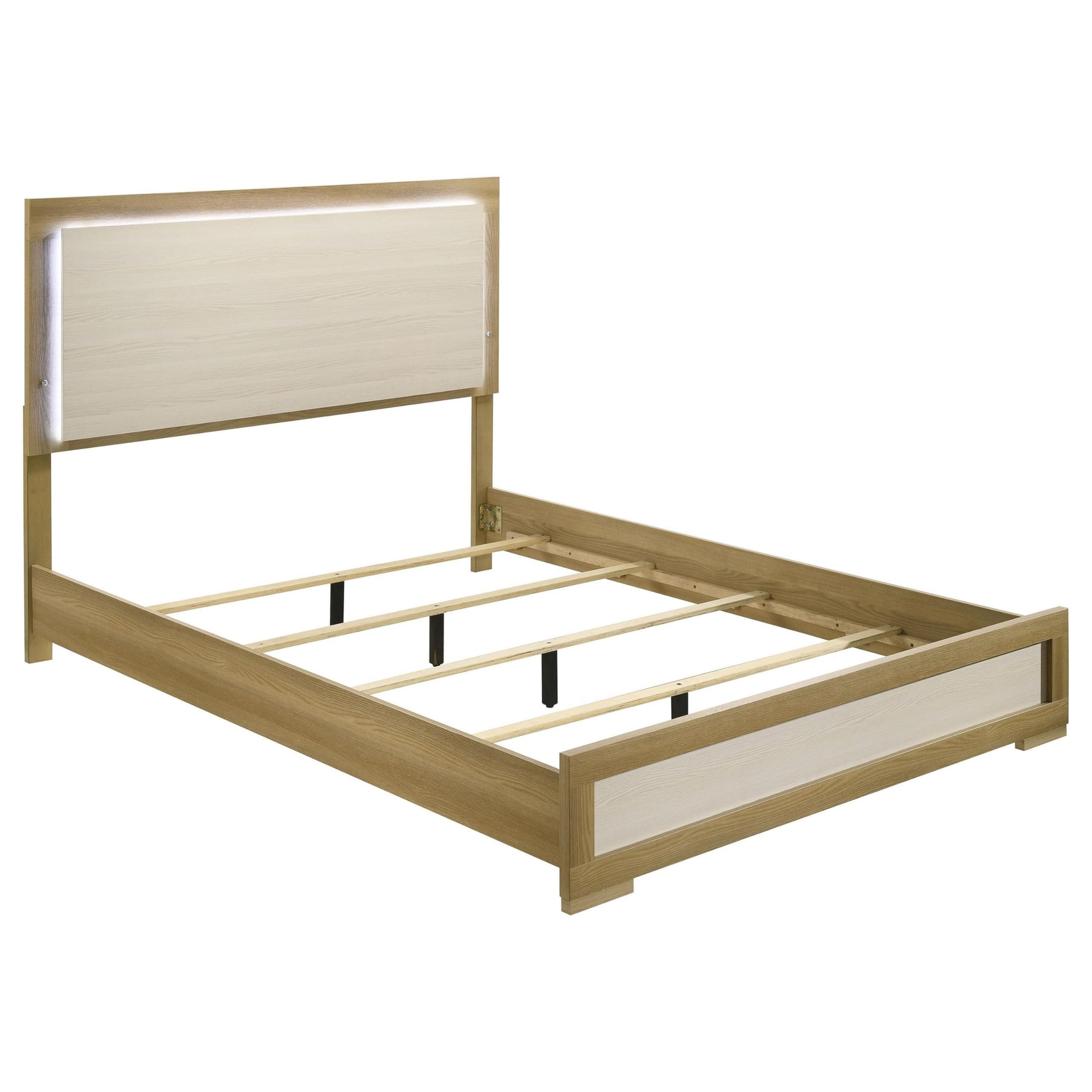 Hyle Queen Size Bed, Natural Brown Hardwood, LED Backlit Headboard