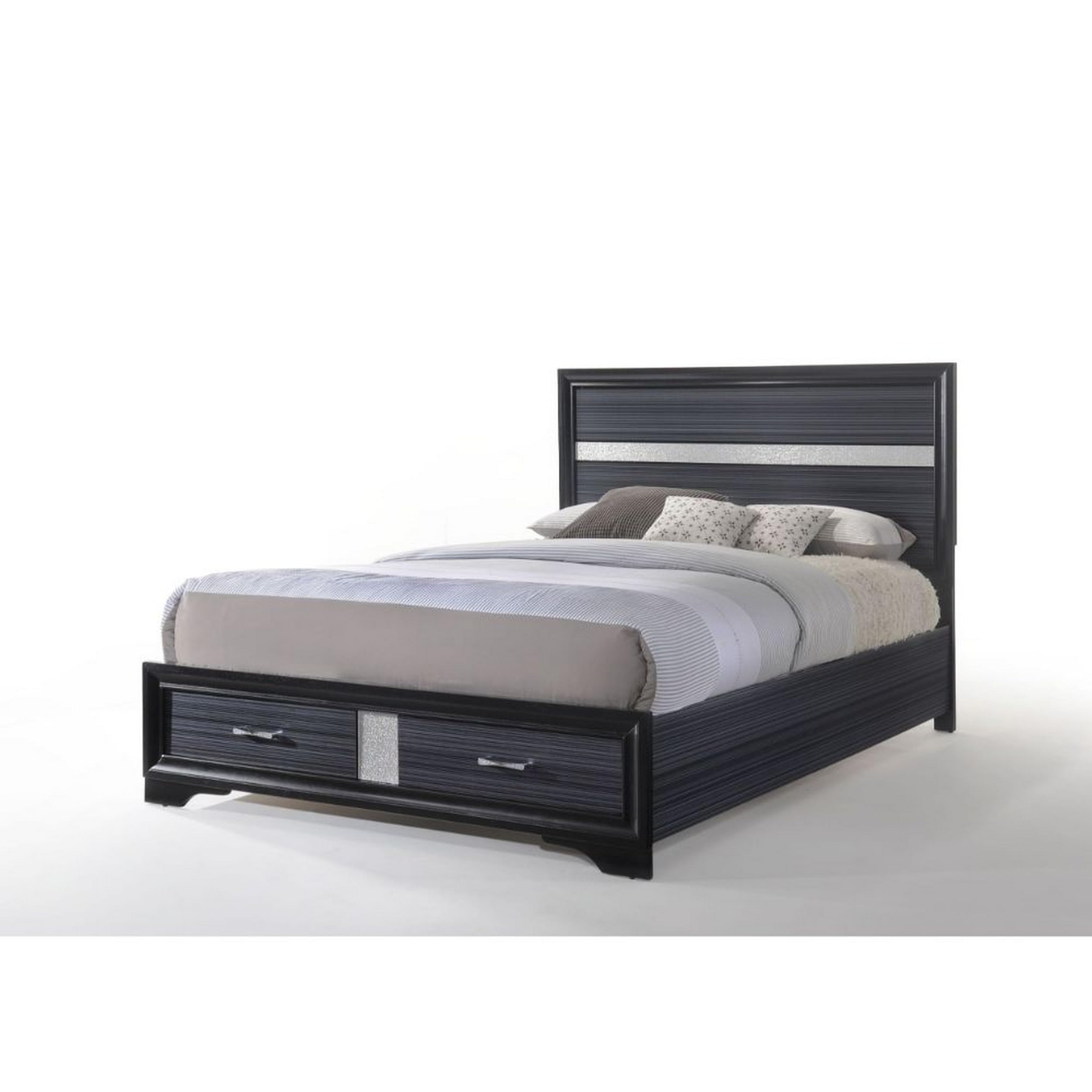 Nae Queen Size Bed, Rubberwood, Gray, Textured, Shimmery Acrylic Trim