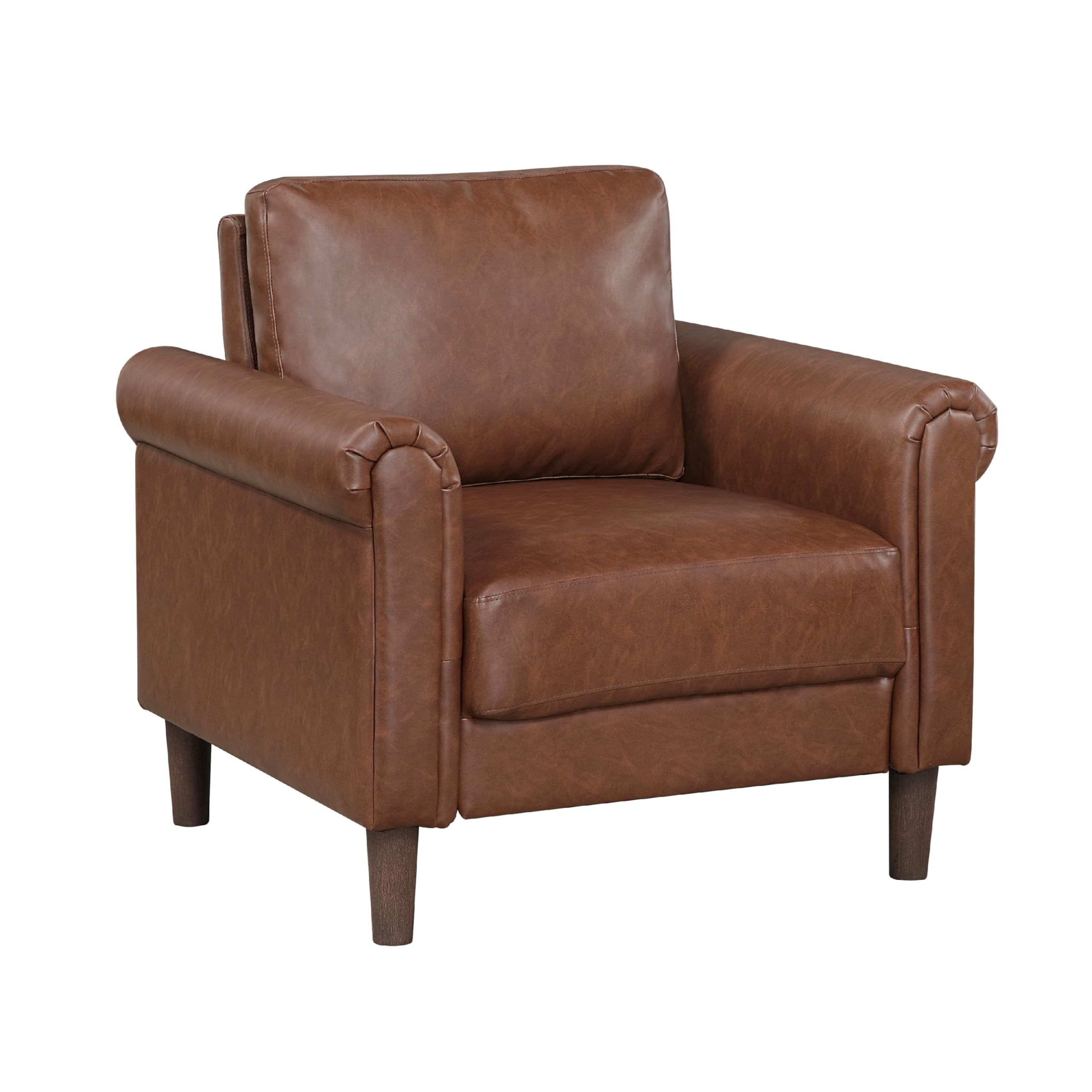 Lo Accent Chair w Rolled Arms, Mid Century Dark Brown Faux Leather