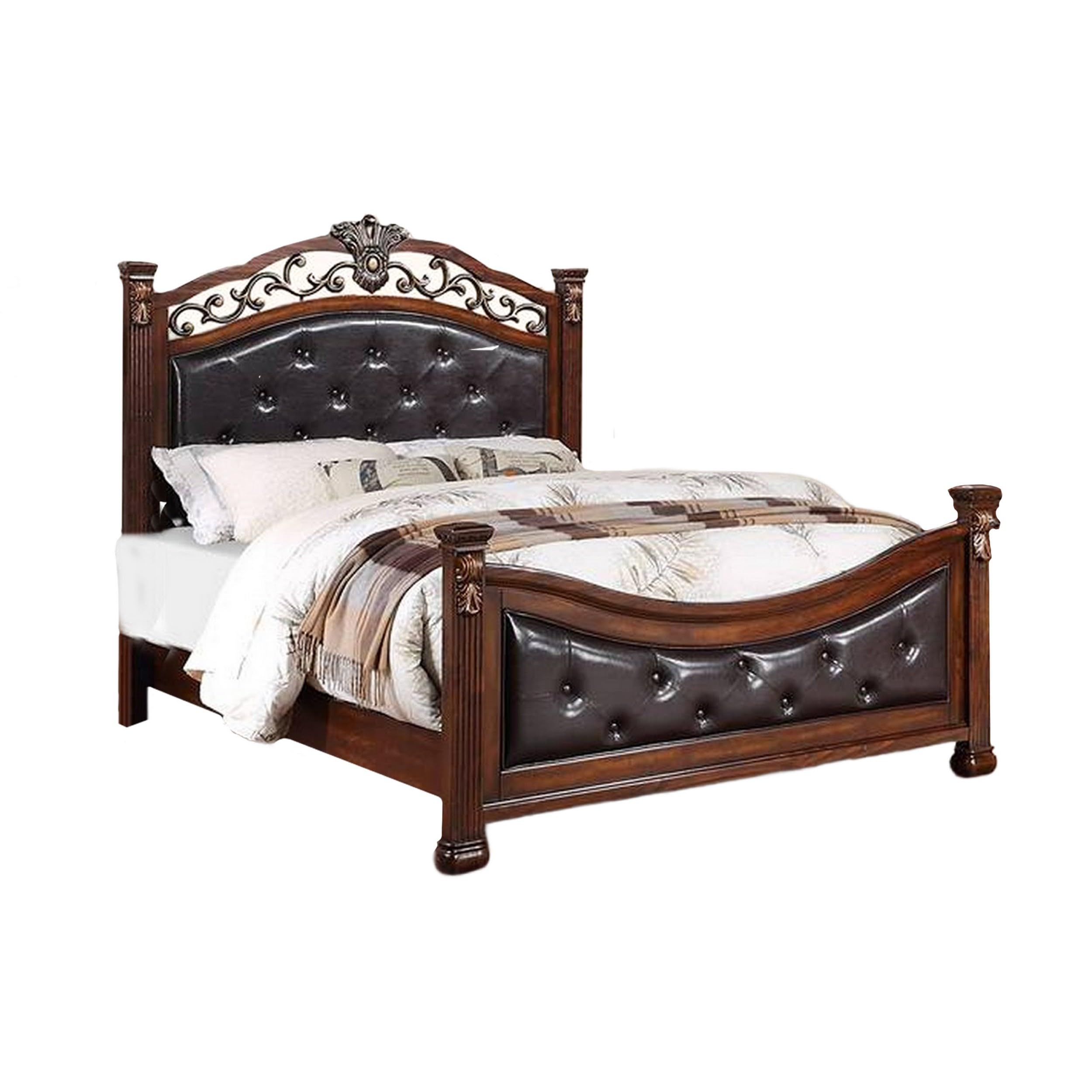 Jax California King Bed, Button Tufted Upholstered Headboard, Cherry Brown