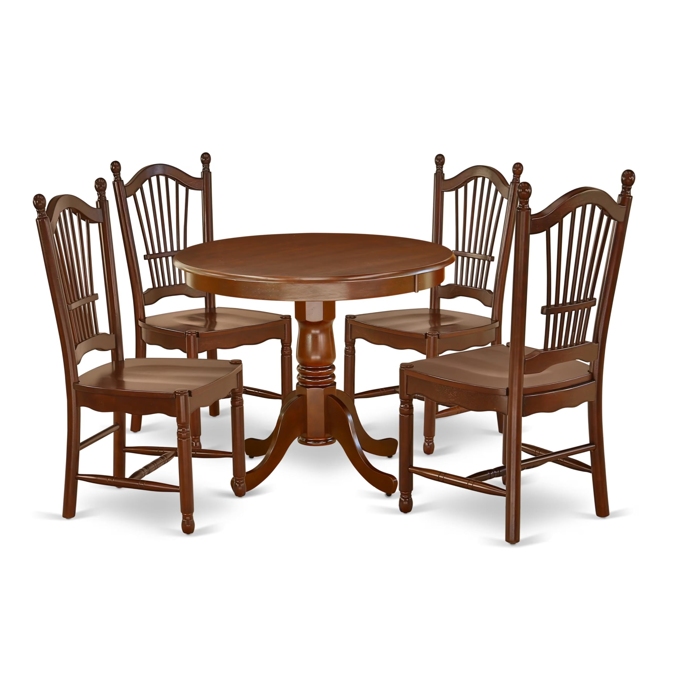 ANDO5-MAH-W 5Pc Rounded 36 Inch Kitchen Table And Four Wood Seat Dining Chairs