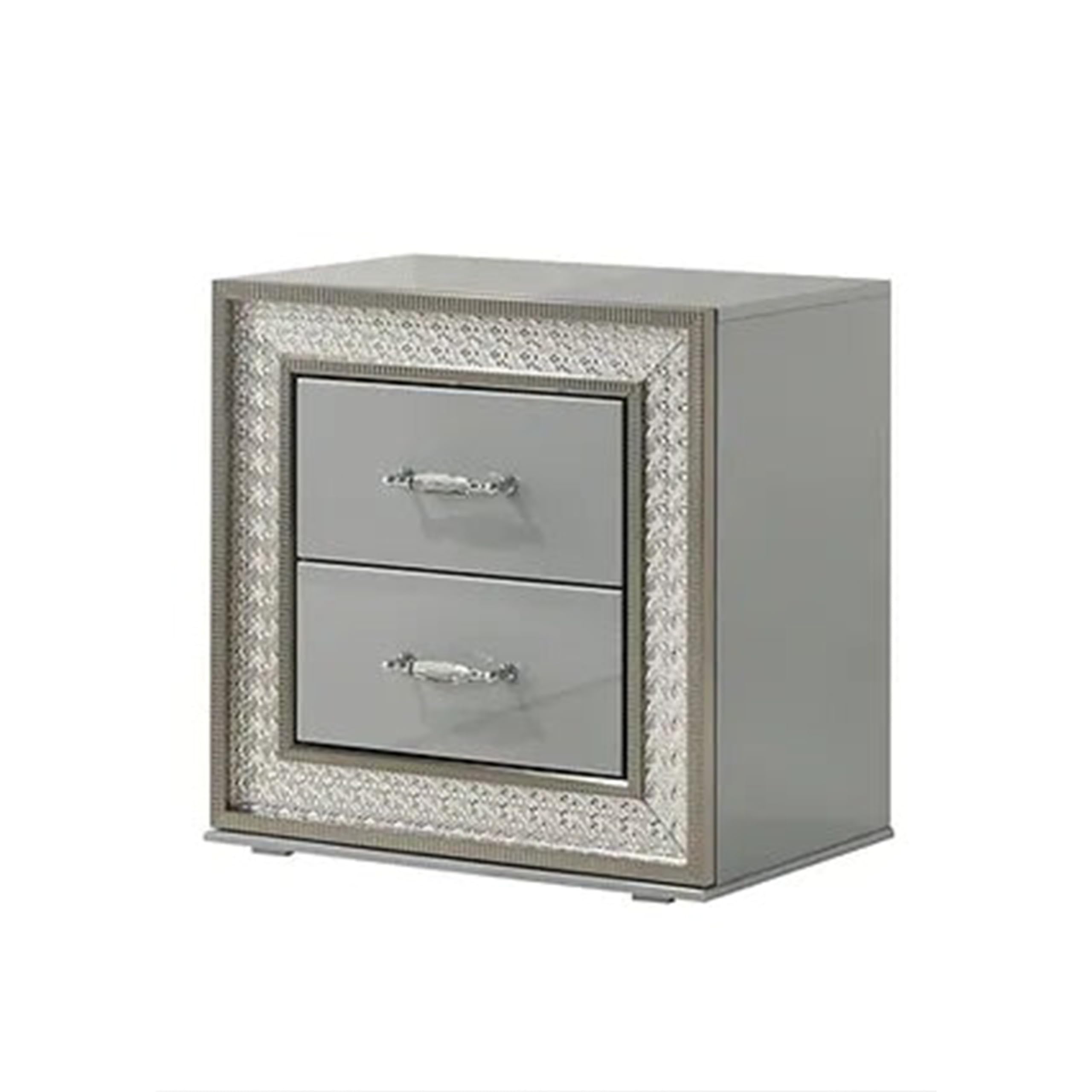 Cyl Nightstand with 2 Drawers, Scale Molding Trim, Metallic Gray Wood