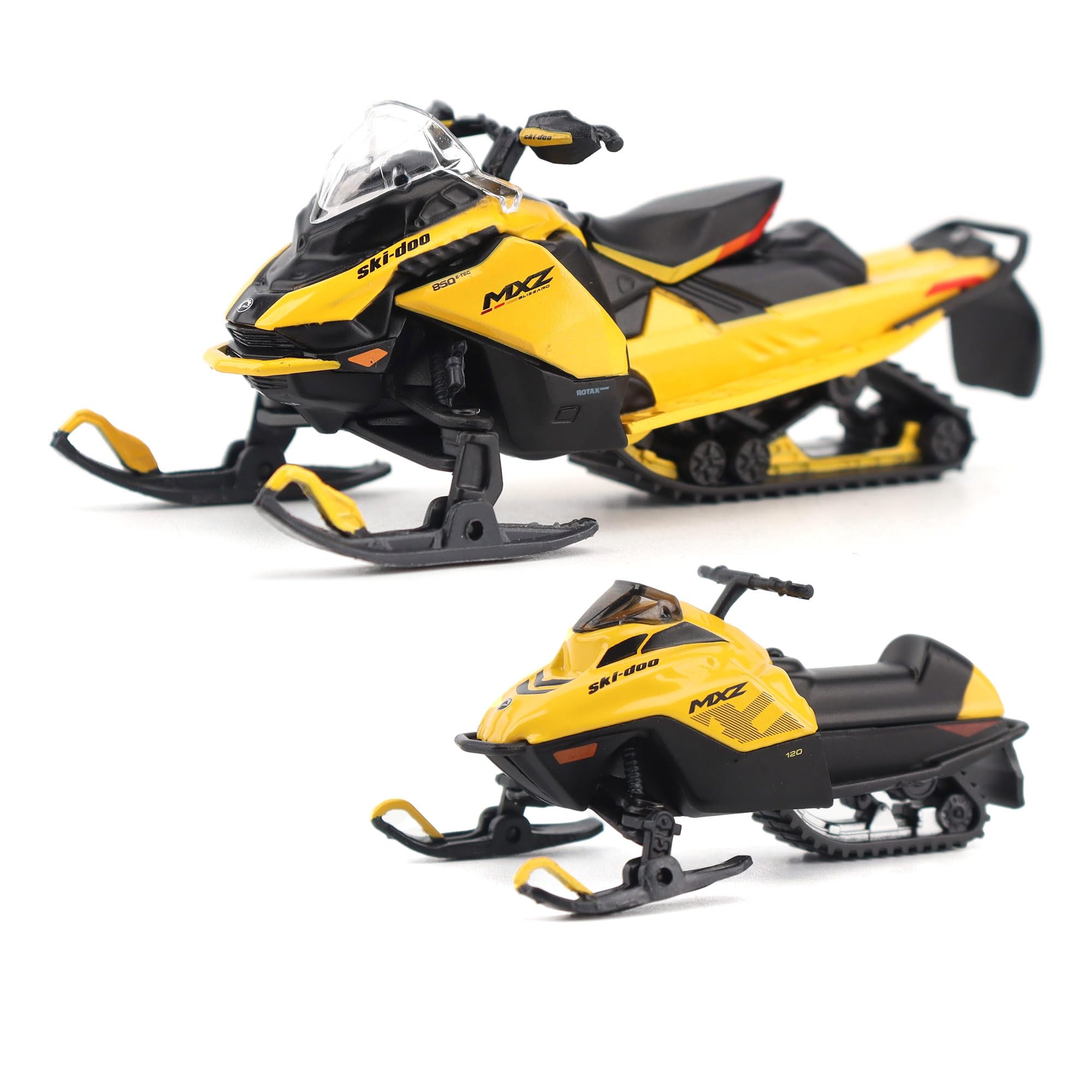 Ski-Doo MXZ Blizzard (Trail Segment) Neo Yellow and Ski-Doo MXZ 120cc (Kids Model) Neo Yellow Set of 2 Snowmobiles 1/32 Diecast Models by BRP Models