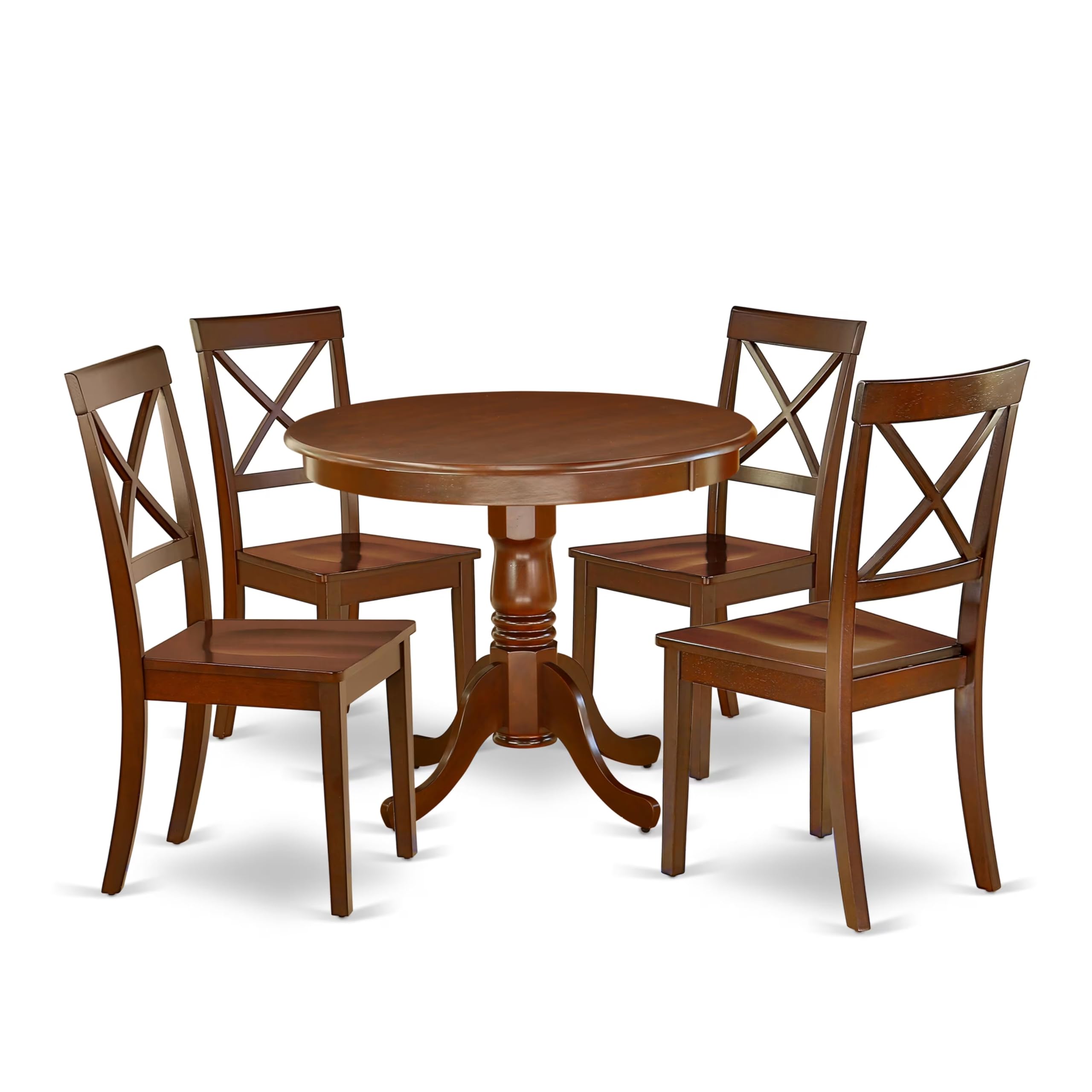 East West Furniture Antique 5 Piece Dinette Set for 4 Includes a Round Kitchen Table with Pedestal and 4 Dining Room Chairs, 36x36 Inch, ANBO5-MAH-W