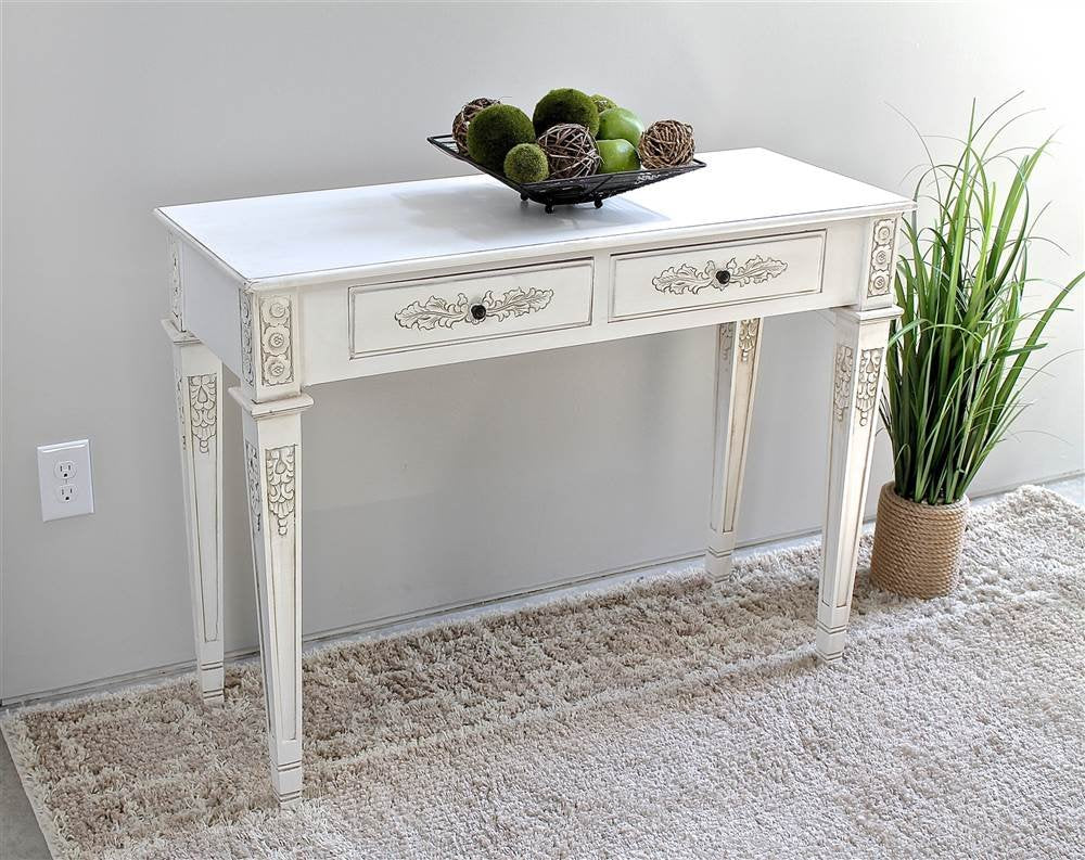 Windsor Carved Wood Two Drawer Rectangular Console Table - Antique White