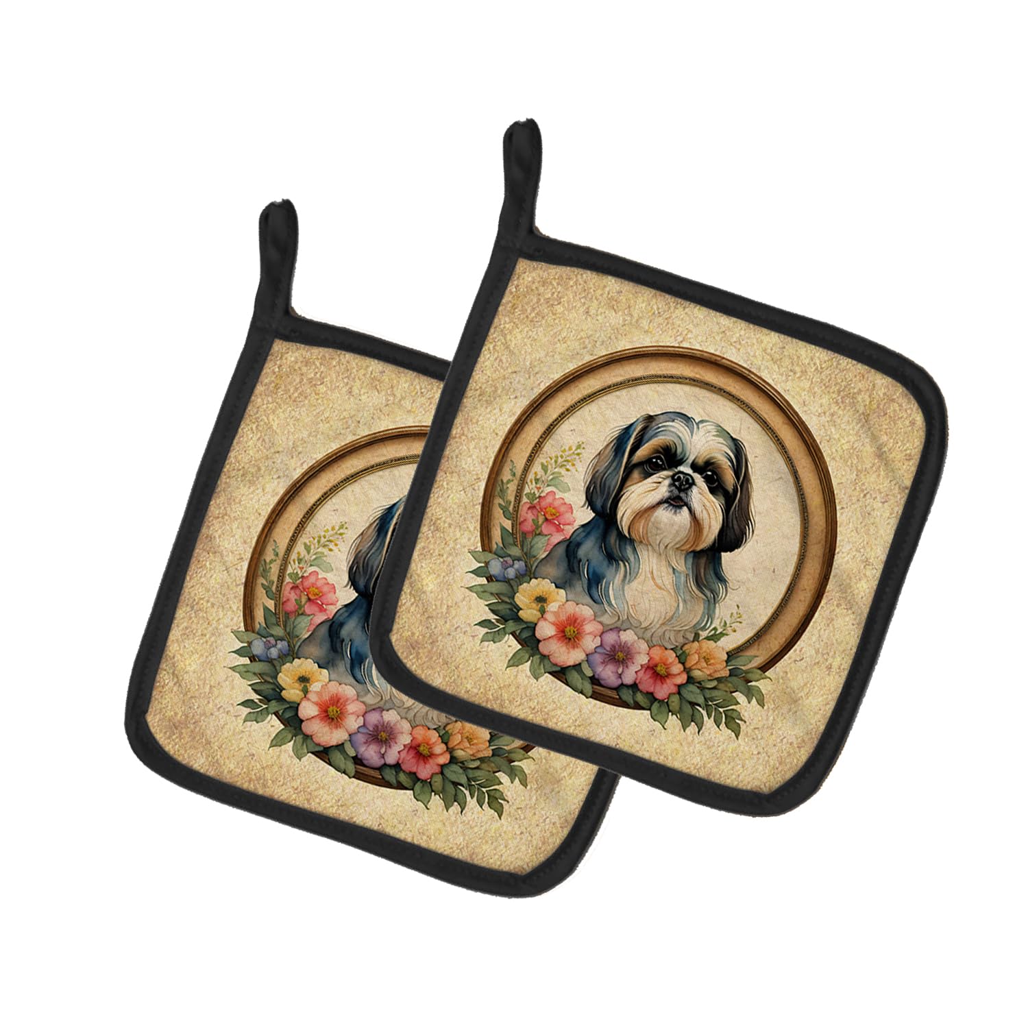 Shih Tzu and Flowers Pair of Pot Holders