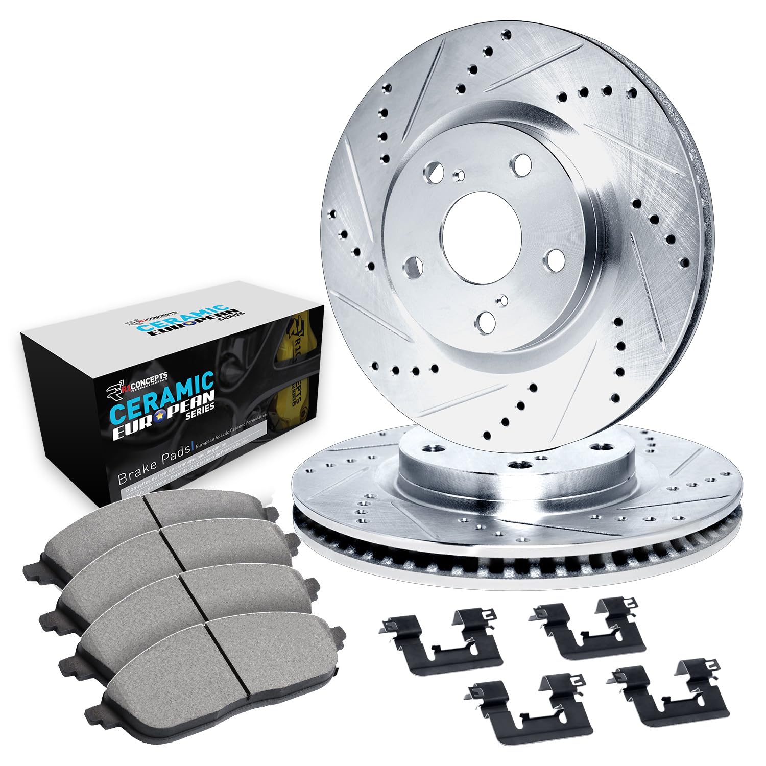 R1 Concepts Drilled and Slotted Silver Disc Brake Rotor Set with Euro Ceramic Pads and Hardware WGTH1-20006