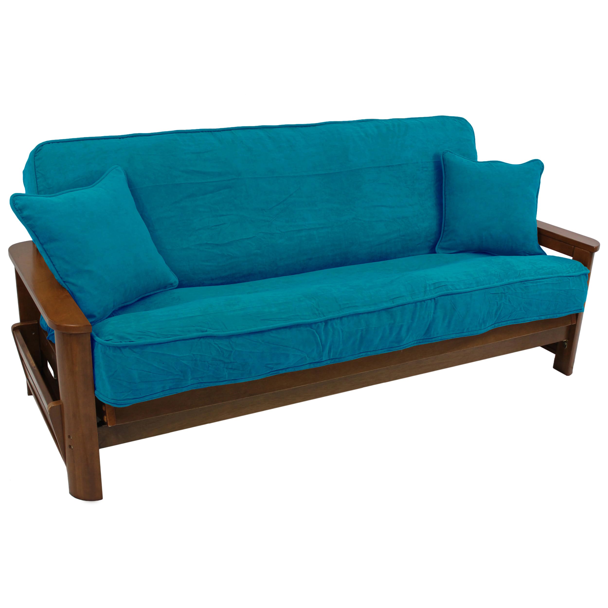 Solid Microsuede Double Corded 8 to 9-inch Full Futon Cover Set with Two 18-inch Throw Pillows (Set of 3) - Aqua Blue