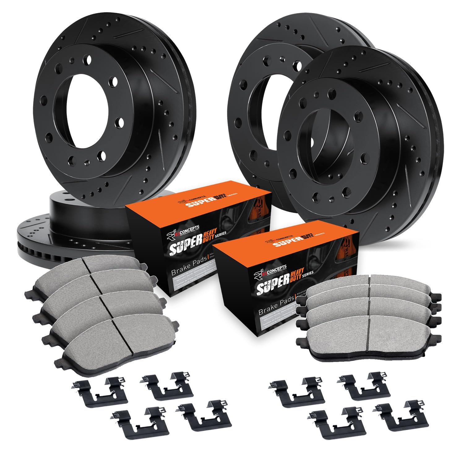 R1 Concepts Drilled and Slotted Black Disc Brake Rotor Set with Super Duty Pads and Hardware WHXH2-54040
