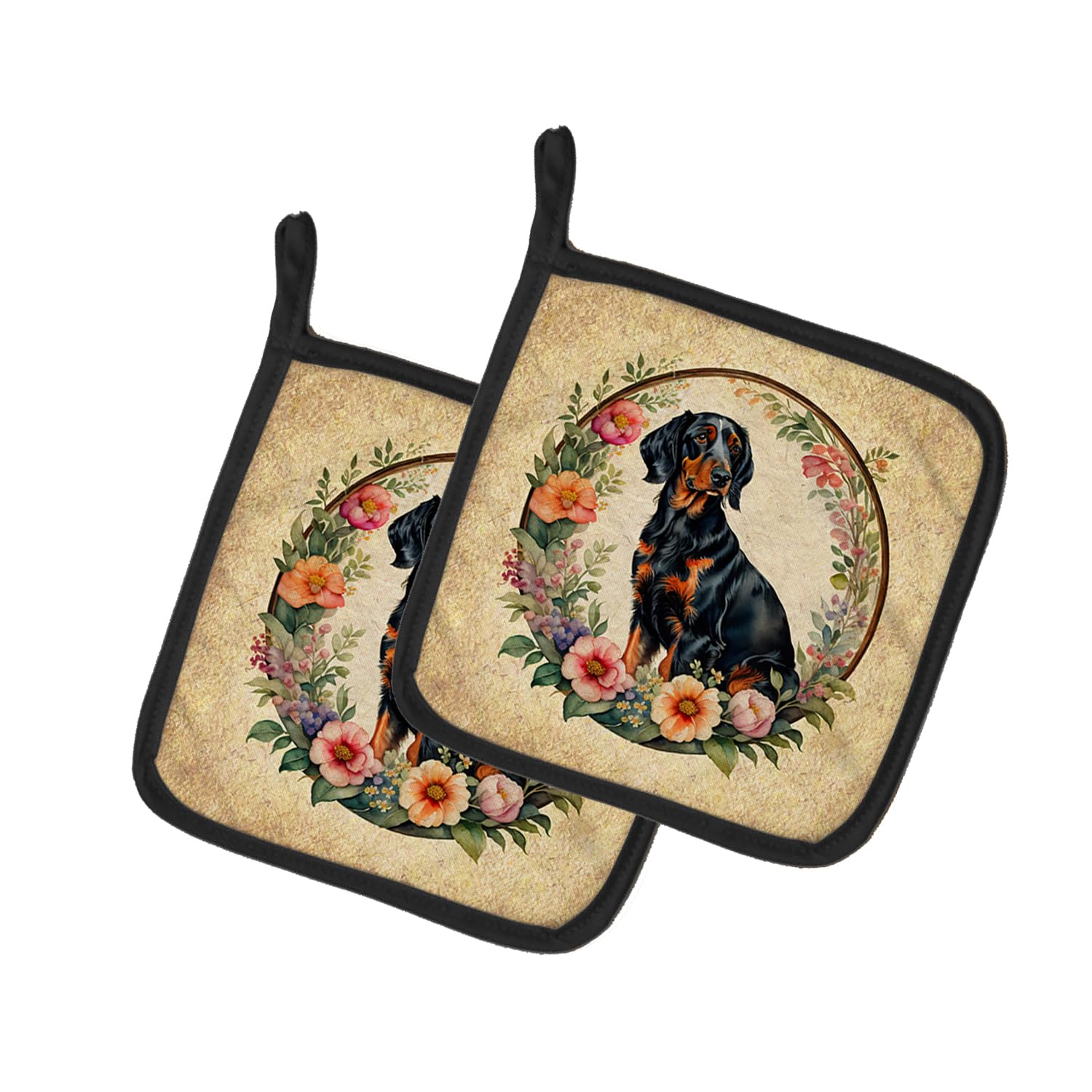 Gordon Setter and Flowers Pair of Pot Holders