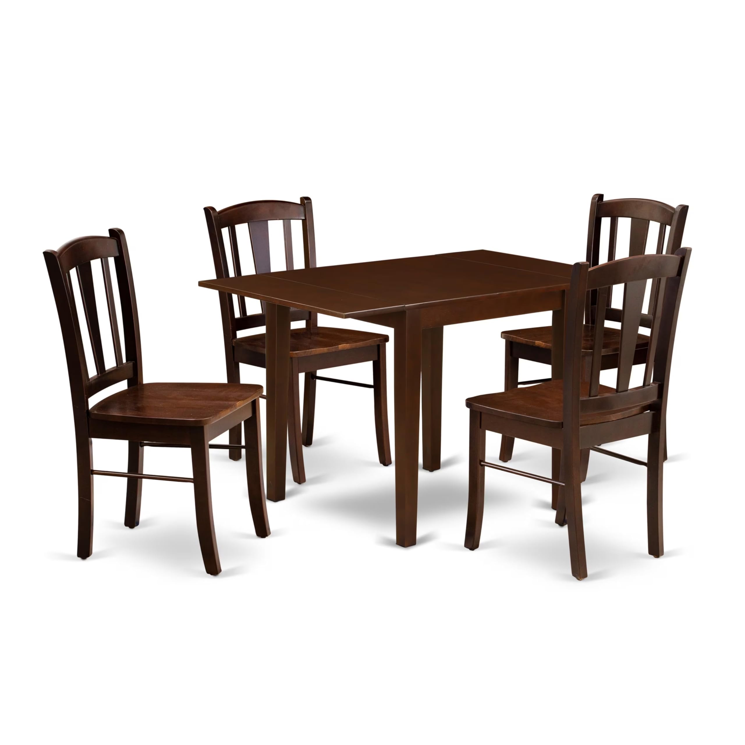 NDDL5-MAH-W - 5-Piece Kitchen Dining Room Set- 4 Mid Century Chair with Wooden Seat and Slatted Chair Back - Dropleafs Rectangular Table - Mahogany Finish