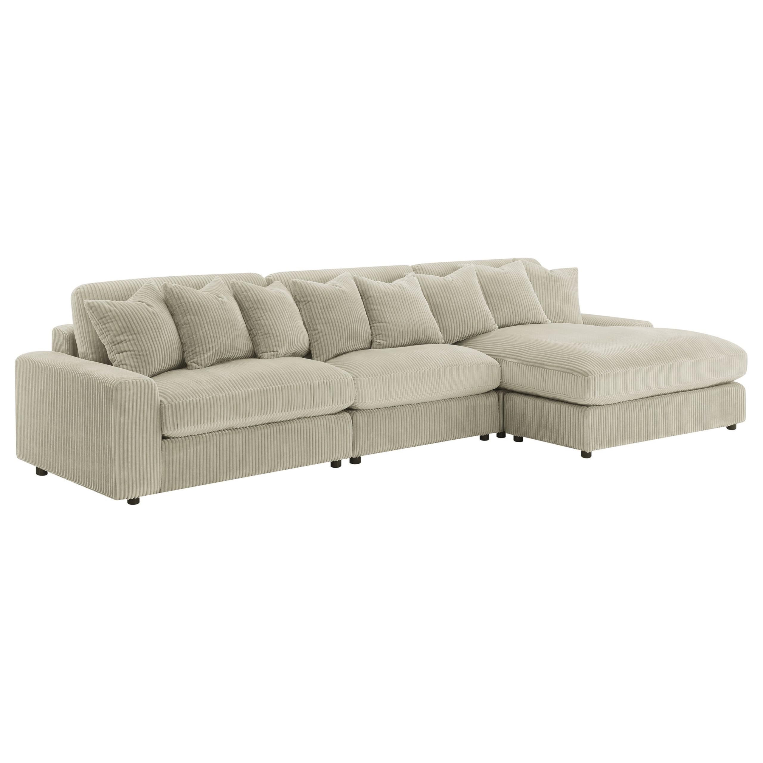 Lain 3pc Sectional Sofa with Reversible Chaise, 8 PIllows, Beige Corduroy