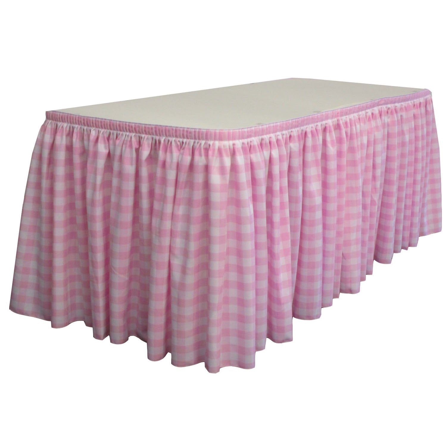 LA Linen Oversized Checkered Table Skirt 30-Foot by 29-Inch Long with 15 L-Clips, White and Pink