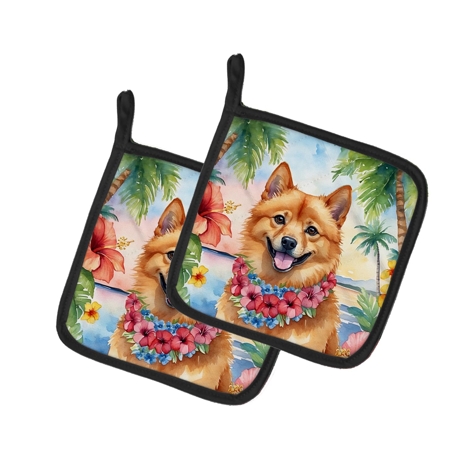 Finnish Spitz Luau Pair of Pot Holders