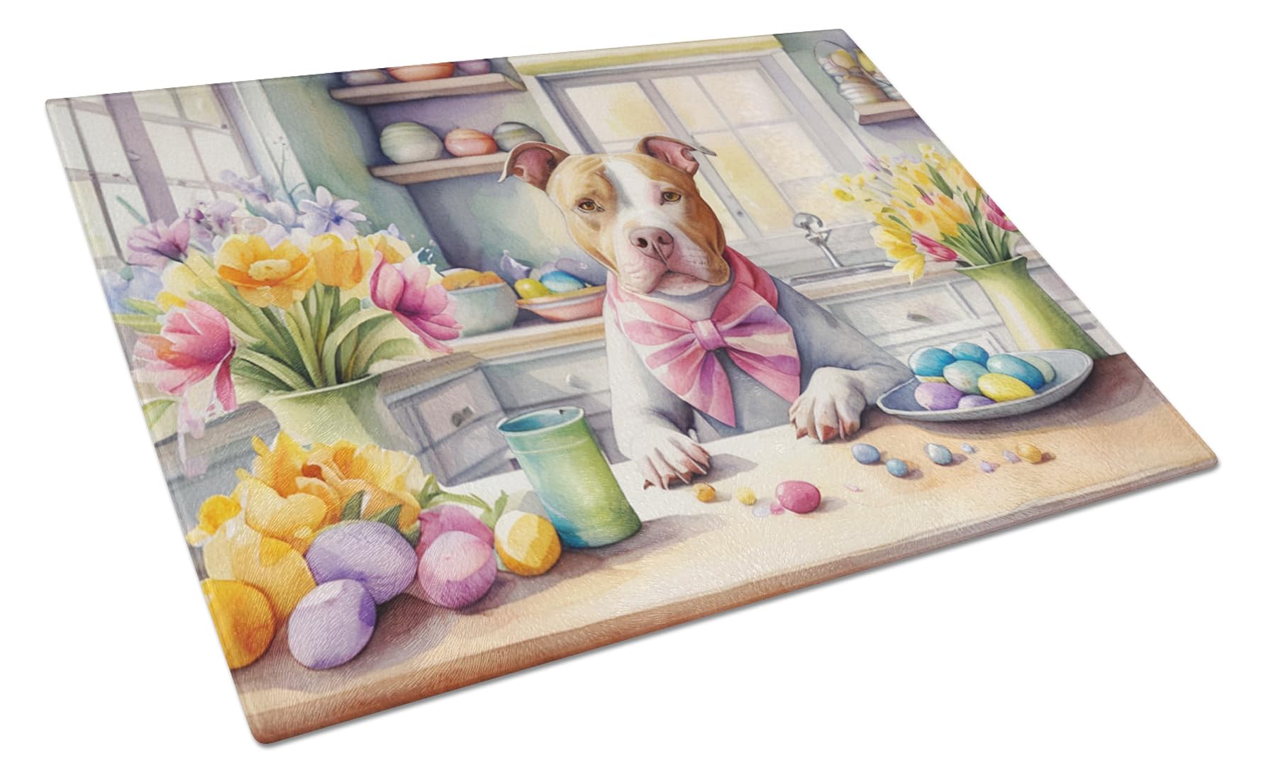 Carolines Treasures DAC6869LCB Decorating Easter Pit Bull Terrier Glass Cutting Board Decorative Tempered Glass Kitchen Cutting and Serving Board Large Size Chopping Board