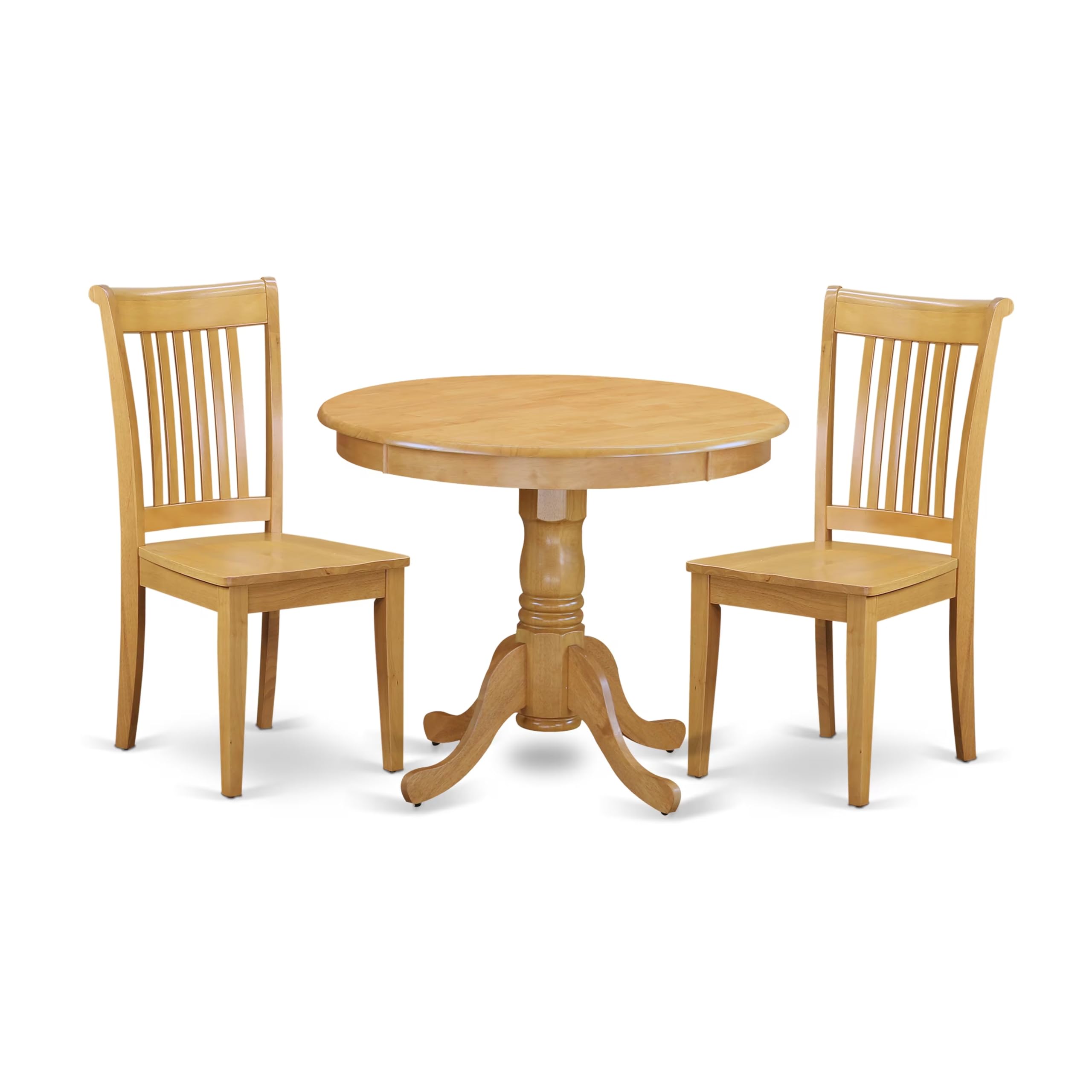 East West Furniture ANPO3-OAK-W 3 Piece Dinette Set for Small Spaces Contains a Round Kitchen Table with Pedestal and 2 Dining Room Chairs, 36x36 Inch, Oak