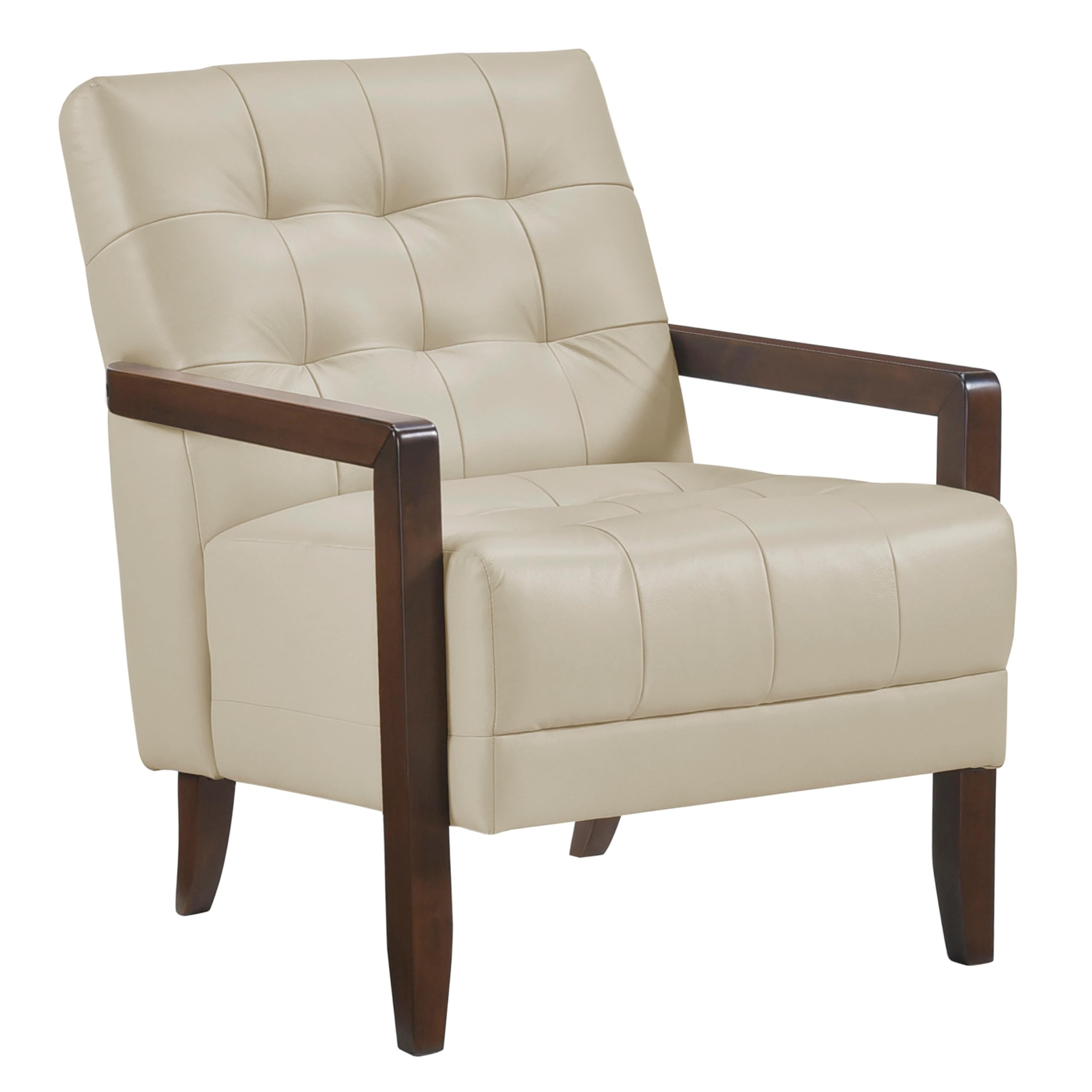 Lenie Accent Armchair, Button Tufted Beige Leather, Walnut Brown Wood