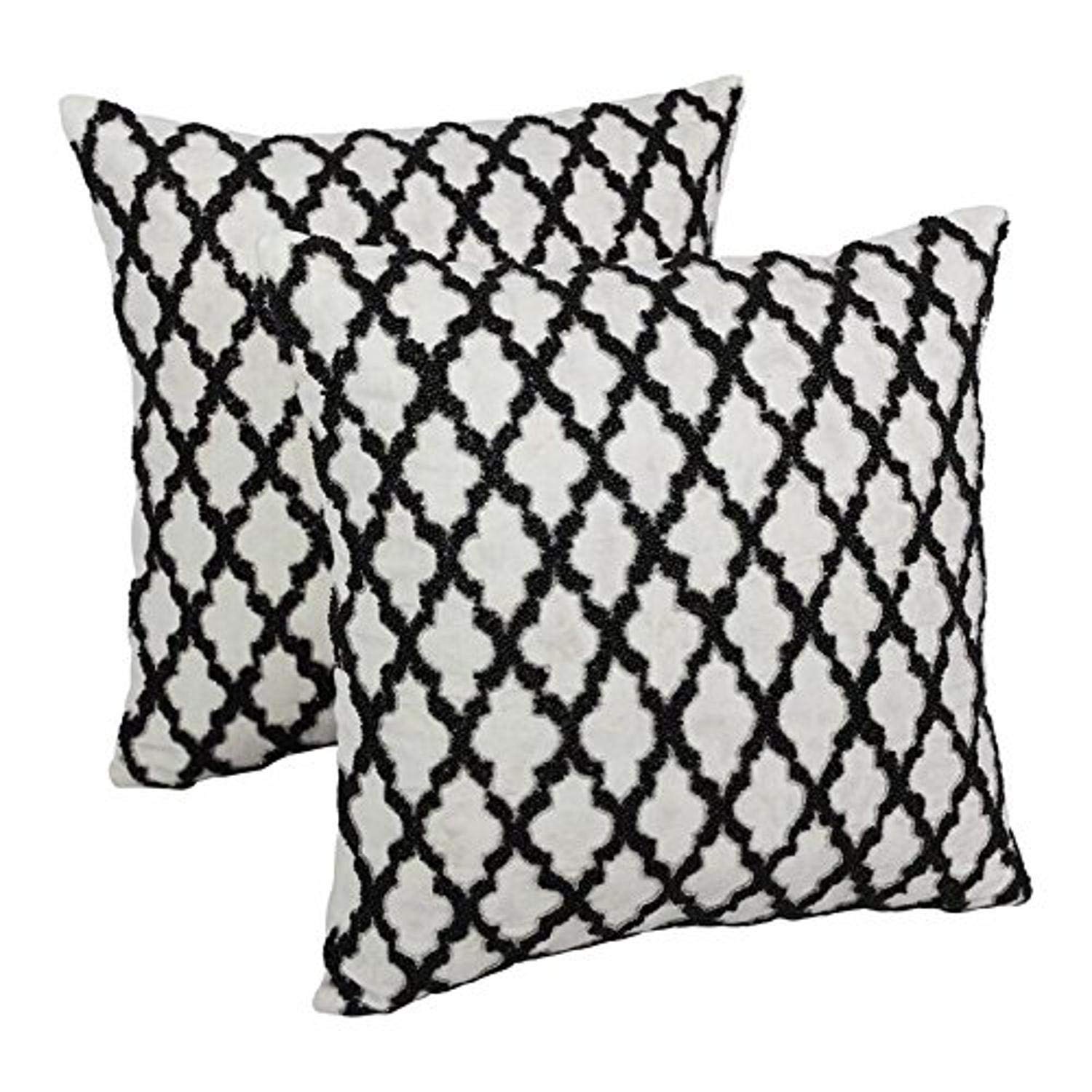 Blazing Needles 20-inch Moroccan Patterned Beaded Cotton Throw Pillows (Set of 2) - Black Beads/Ivory Fabric