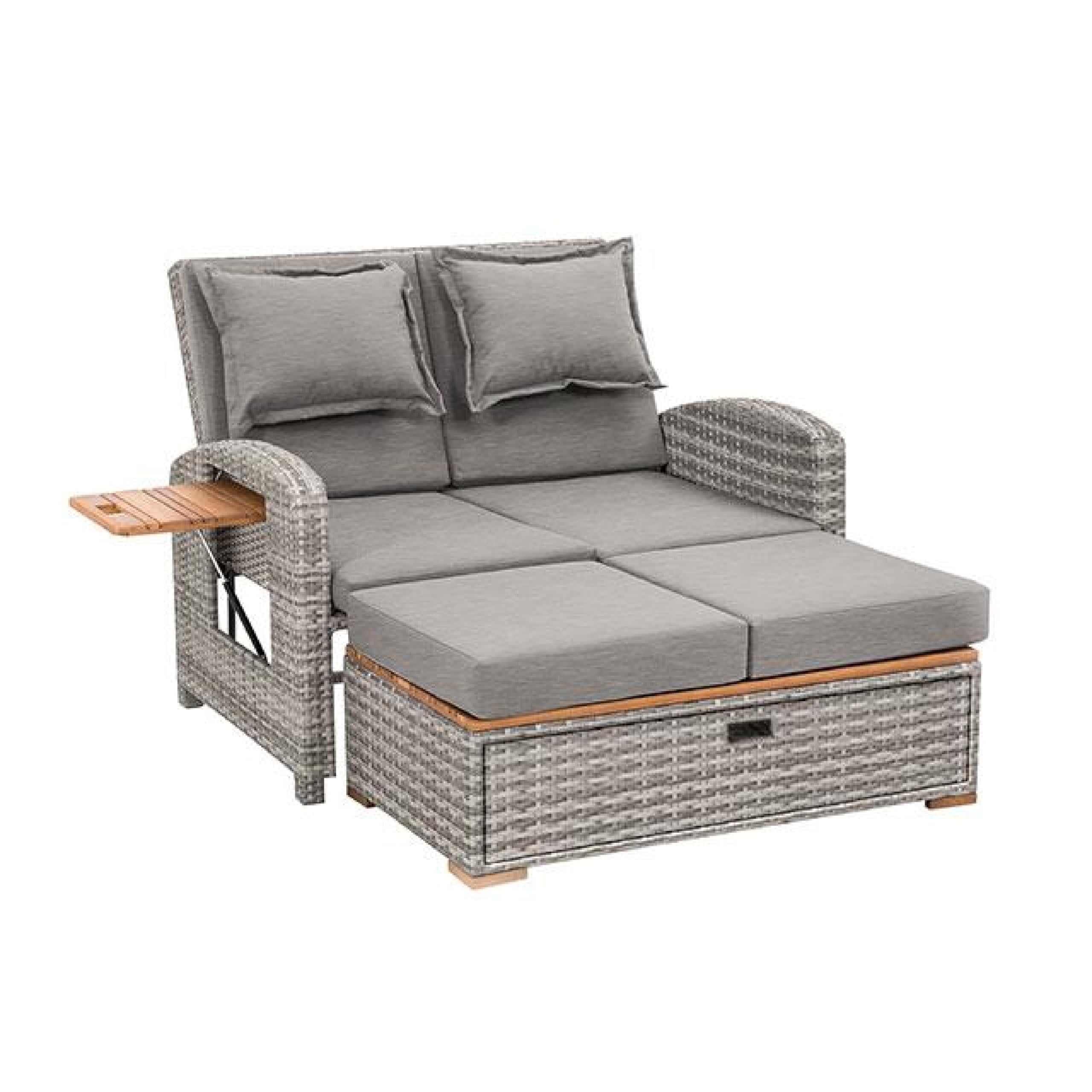 Timy Outdoor Reclining Chaise Lounge Set w Storage Bench, Pillows, Gray