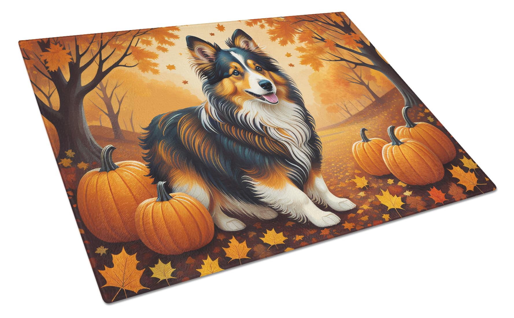 Carolines Treasures DAC1071LCB Sheltie Fall Glass Cutting Board Large Decorative Tempered Glass Kitchen Cutting and Serving Board Large Size Chopping Board